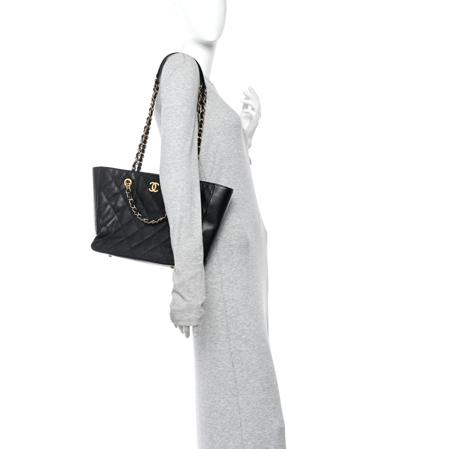 Caviar Quilted Small Trapezoid Chain Shopping Tote Black - Image 2