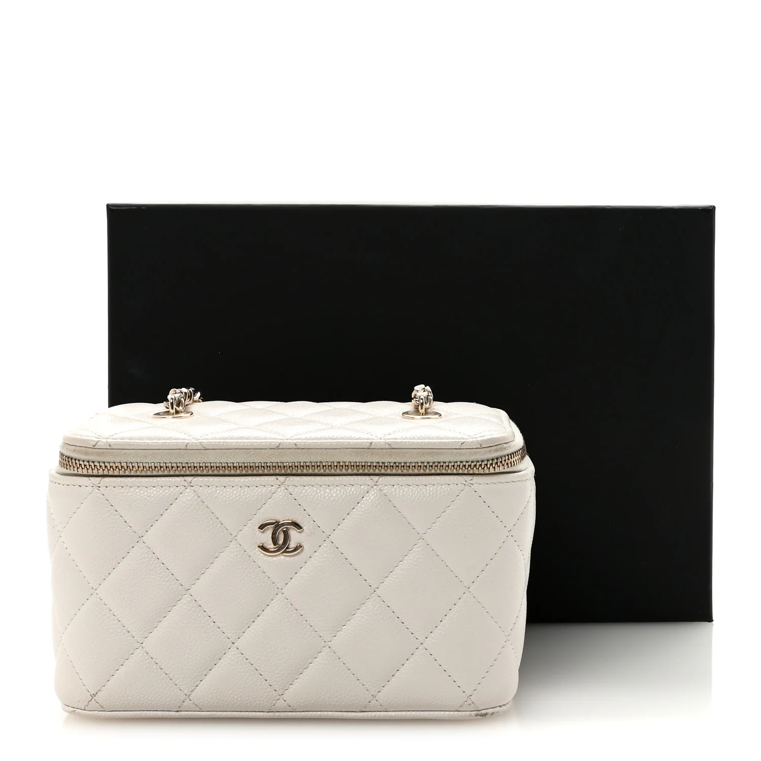 Caviar Quilted Small Vanity Case With Chain White - Image 11
