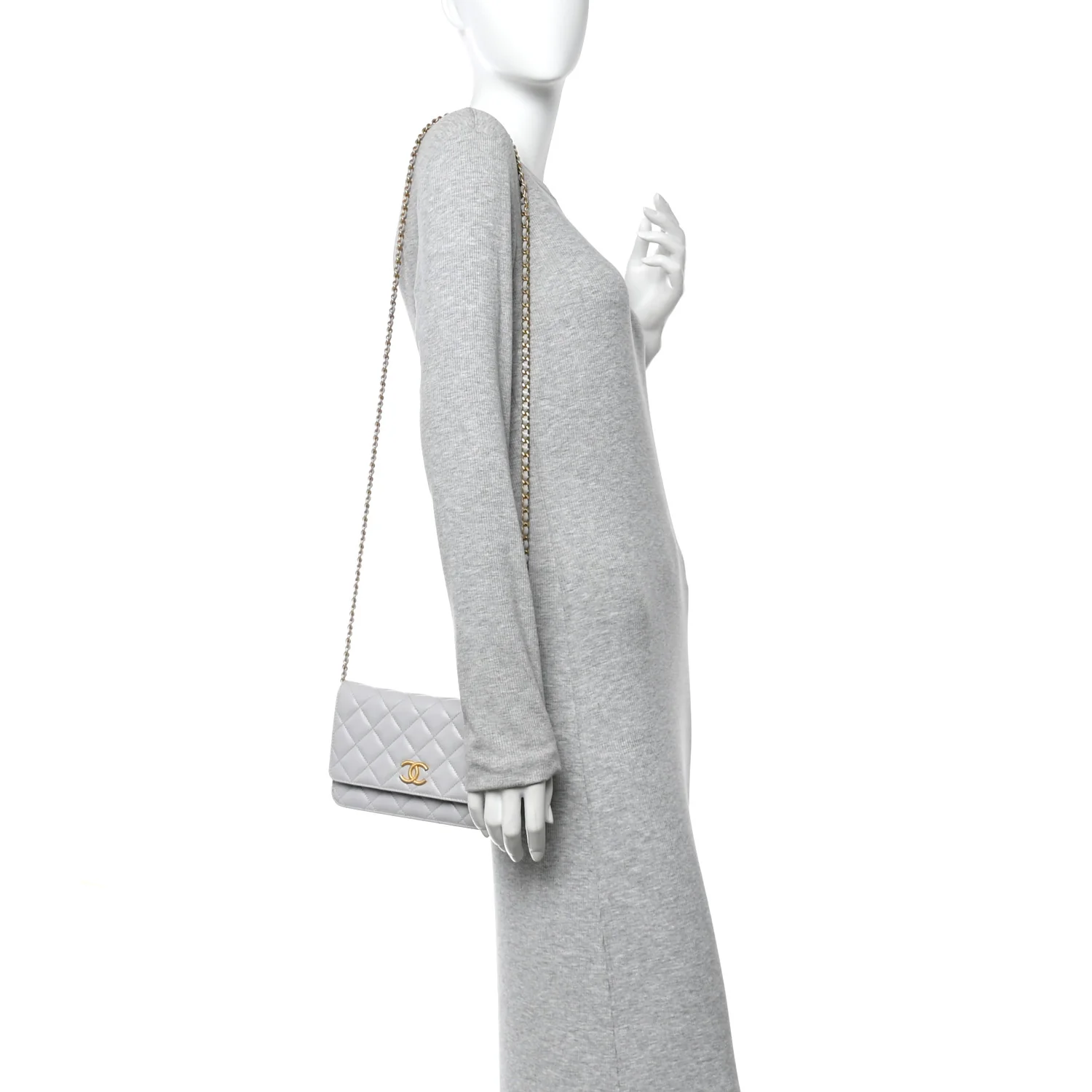 Caviar Quilted Textured CC Wallet on Chain WOC Grey - Image 2
