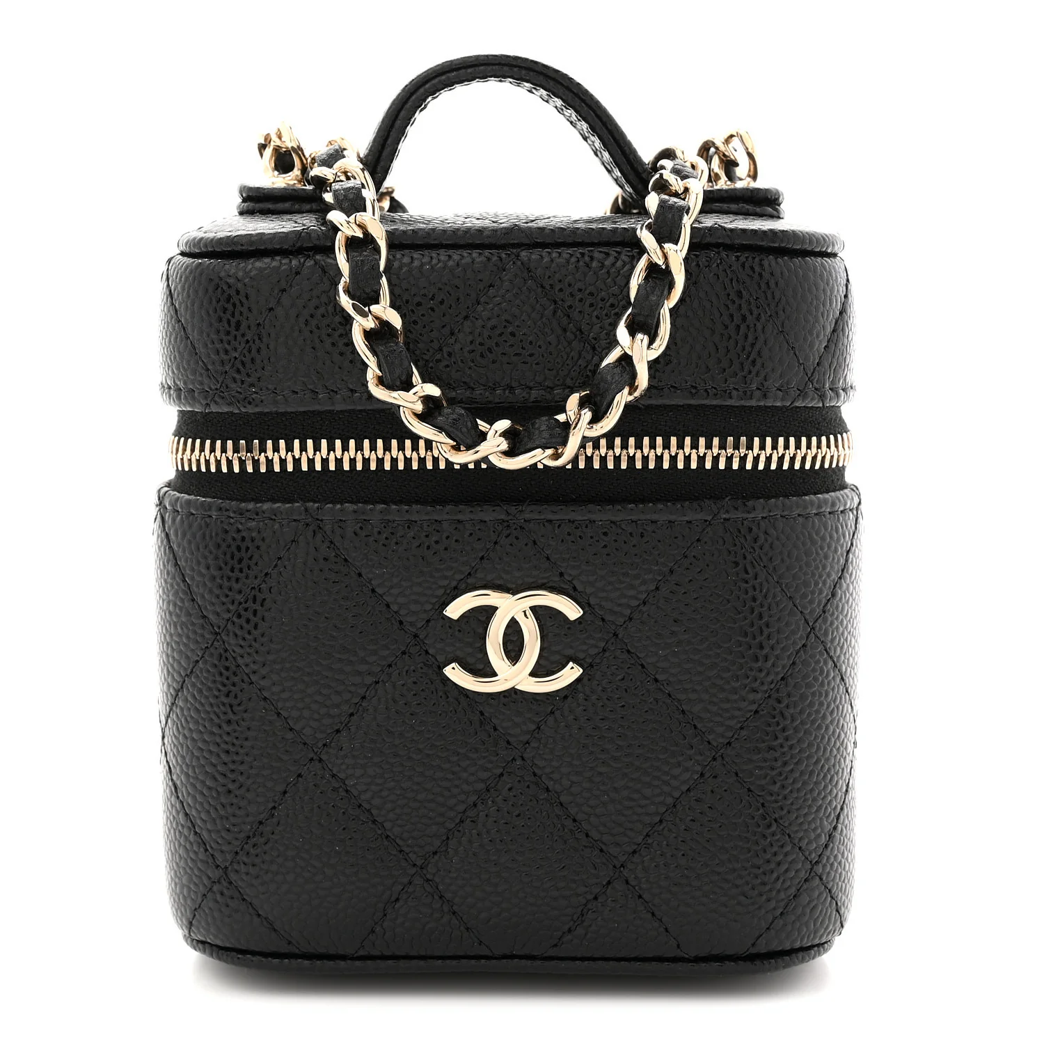 Caviar Quilted Top Handle Mini Vanity Case With Chain Black