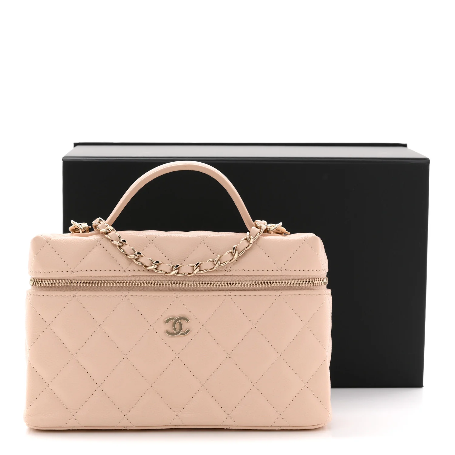Caviar Quilted Top Handle Slim Vanity With Chain Beige - Image 11