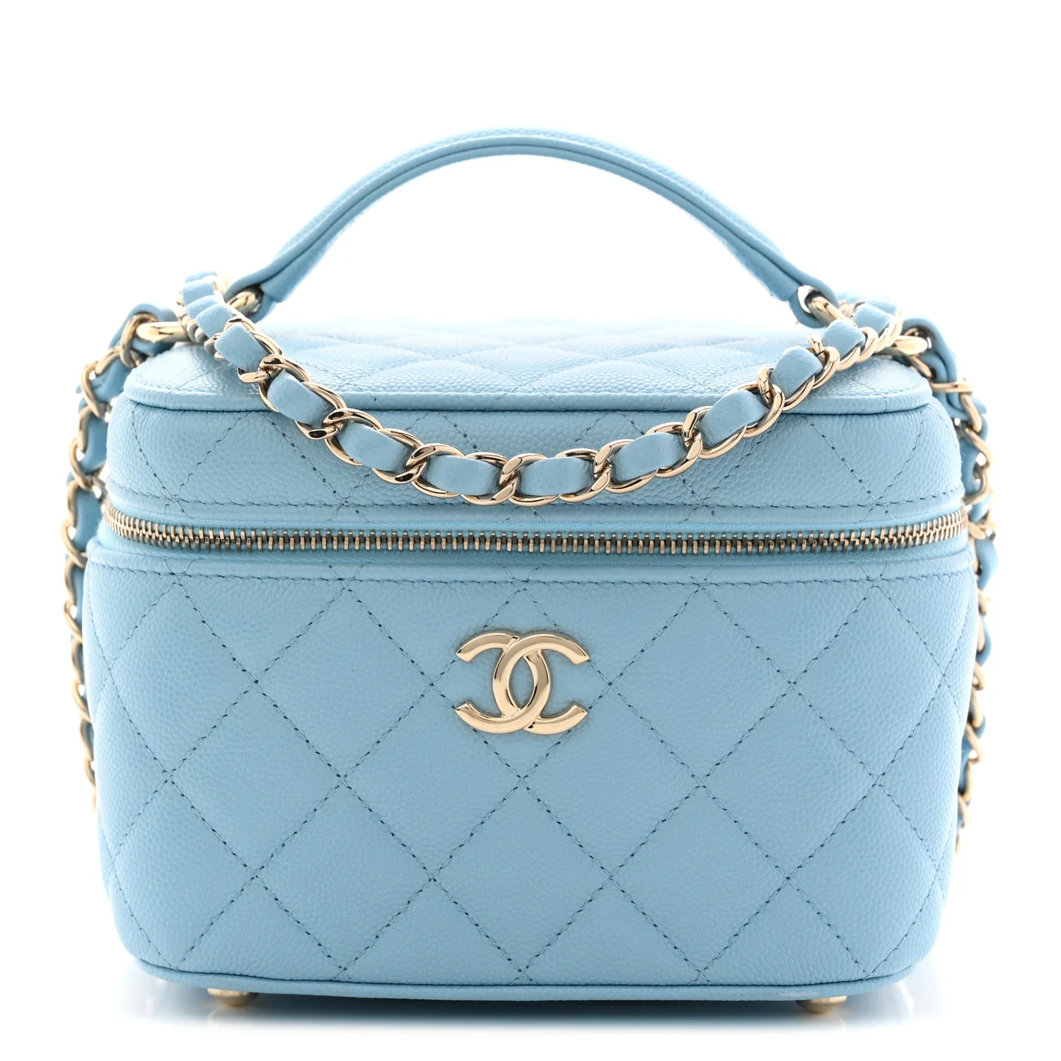 Caviar Quilted Top Handle Vanity Case With Chain Blue