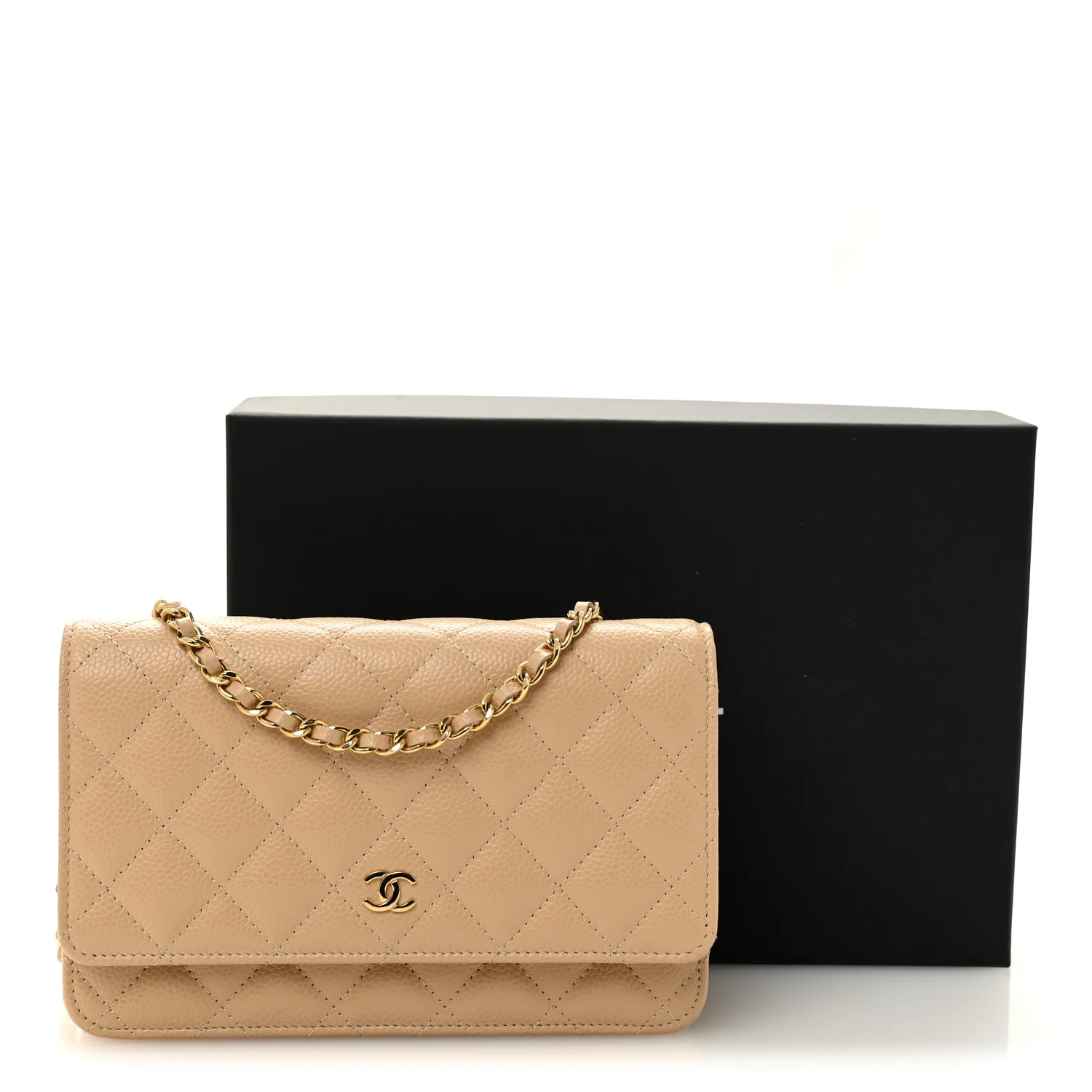 Caviar Quilted Wallet on Chain WOC Beige - Image 12