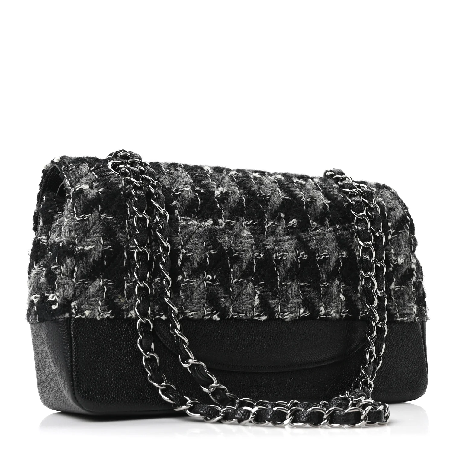 Caviar Tweed Houndstooth Quilted Medium Double Flap Black Grey - Image 3