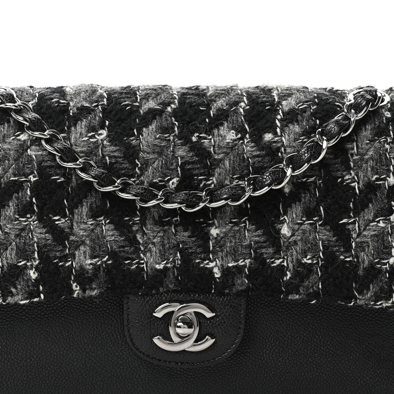 Caviar Tweed Houndstooth Quilted Medium Double Flap Black Grey - Image 8