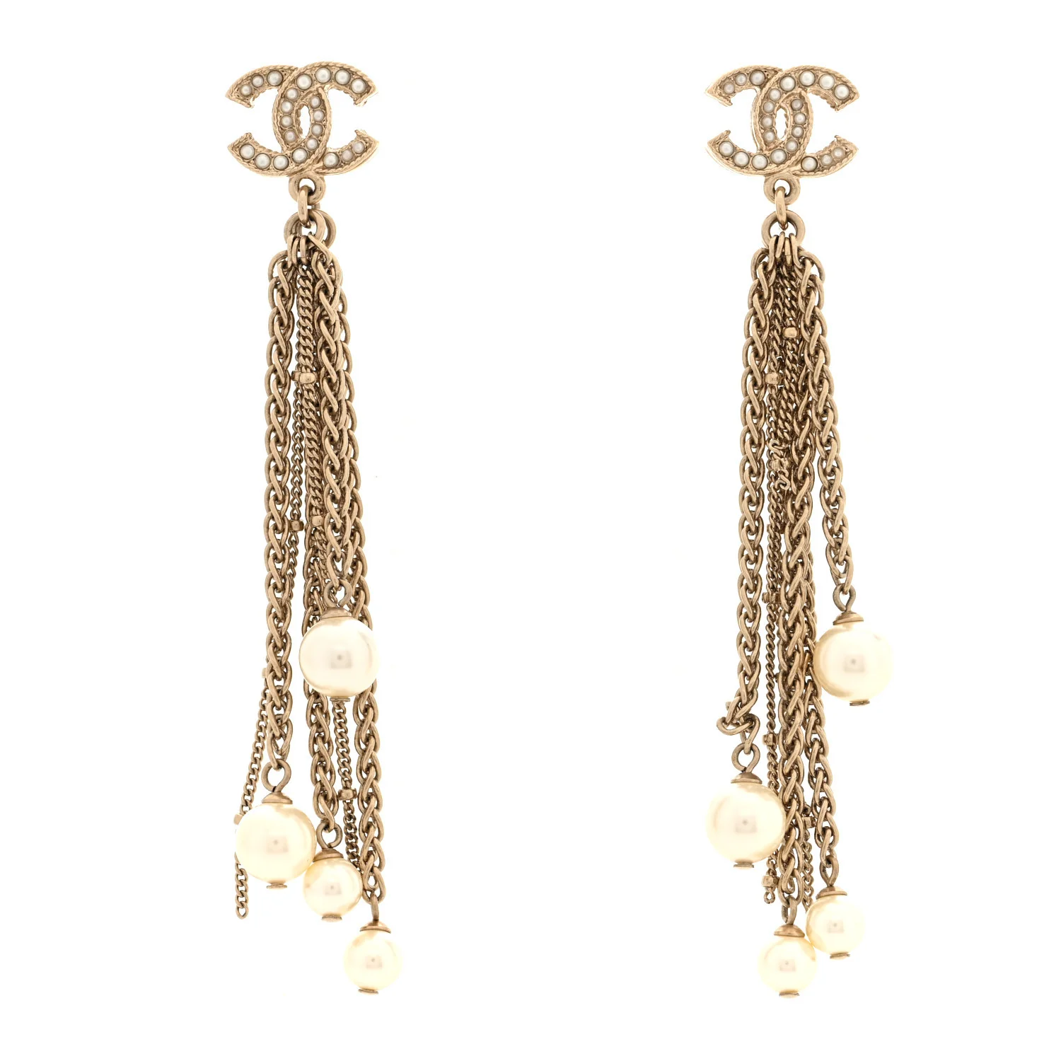 Chain Pearl CC Drop Earrings Light Gold