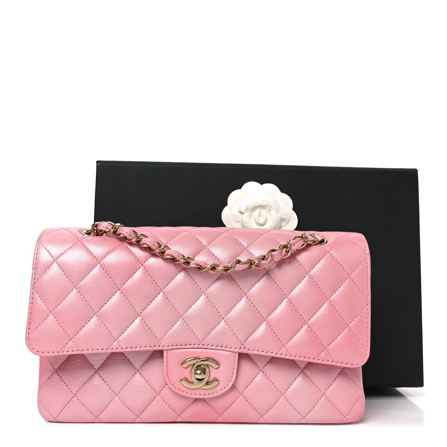 Cloudy Pearly Goatskin Quilted Medium Double Flap Pink - Image 11