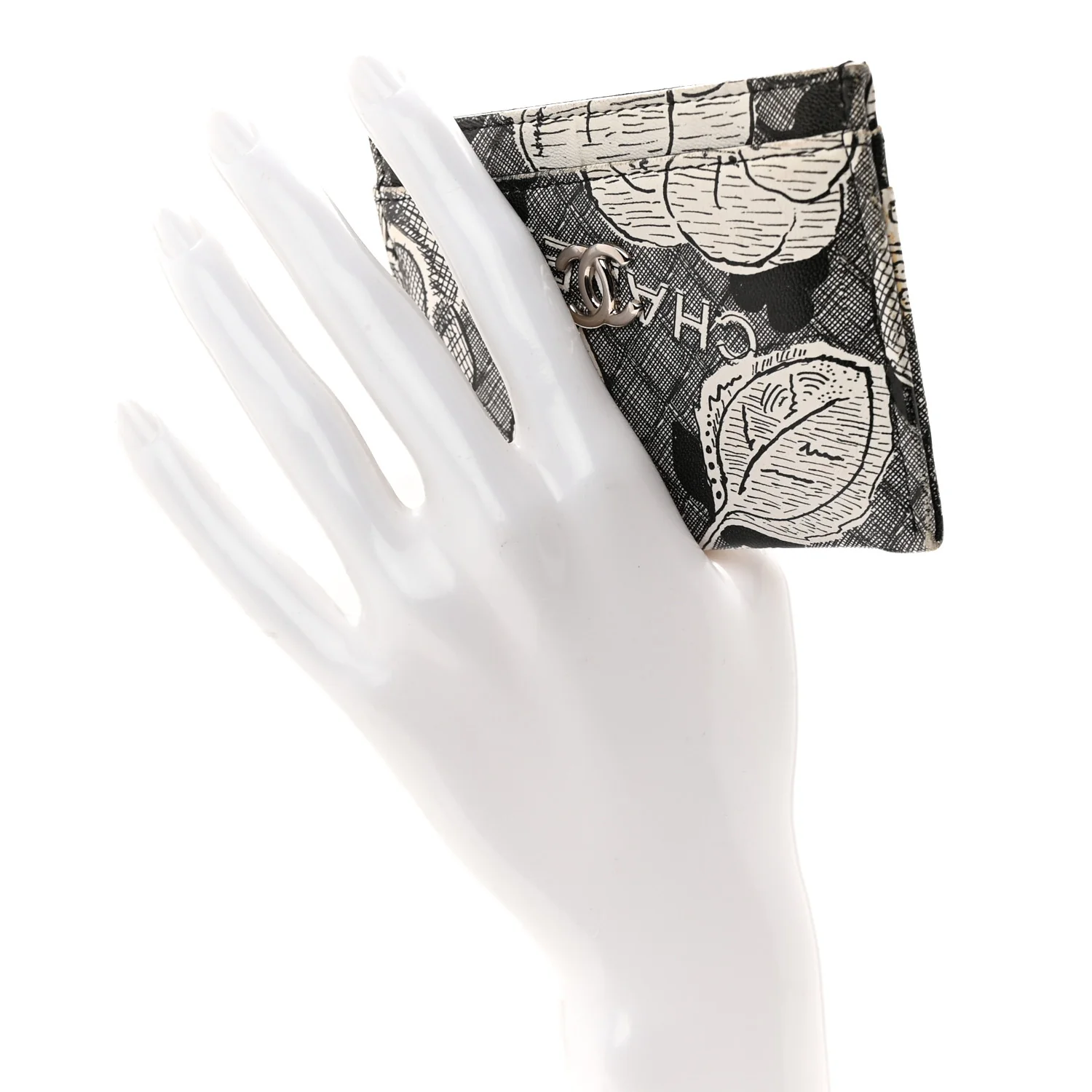 Coated Canvas Lambskin Quilted Camellia Card Holder Black White - Image 2