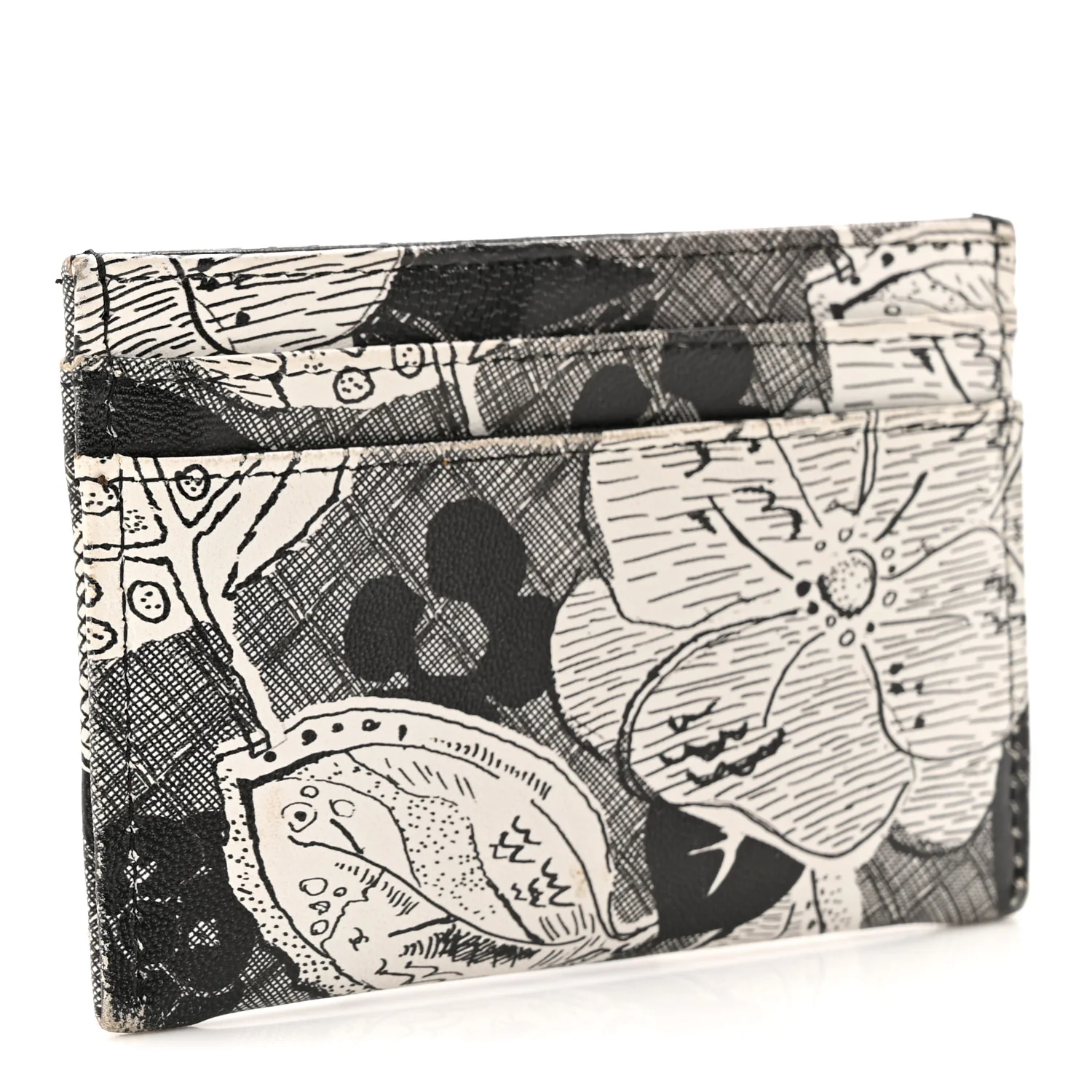 Coated Canvas Lambskin Quilted Camellia Card Holder Black White - Image 3