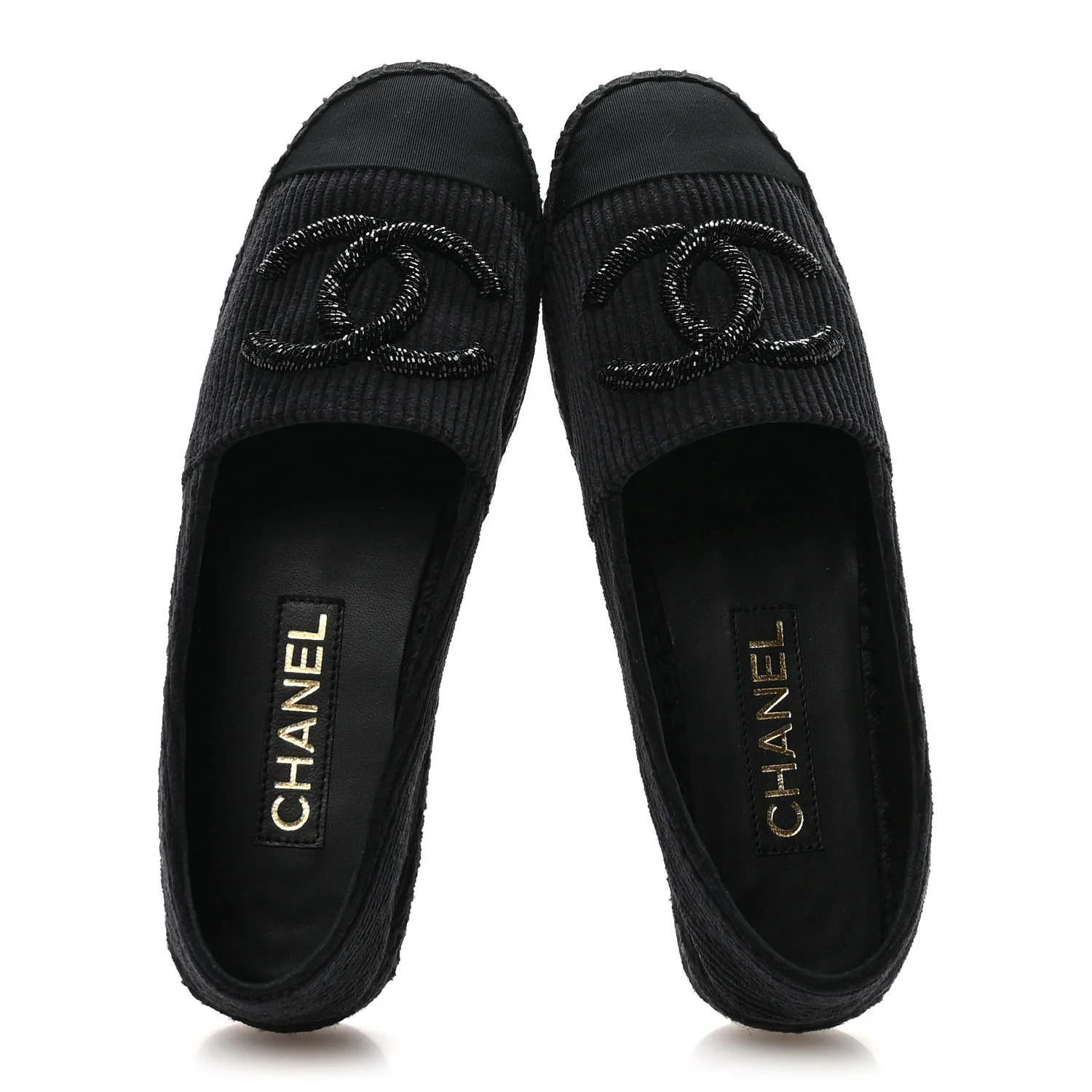 Corduroy Grosgrain Cap Toe CC Espadrille Flats 39 Black - Image 2