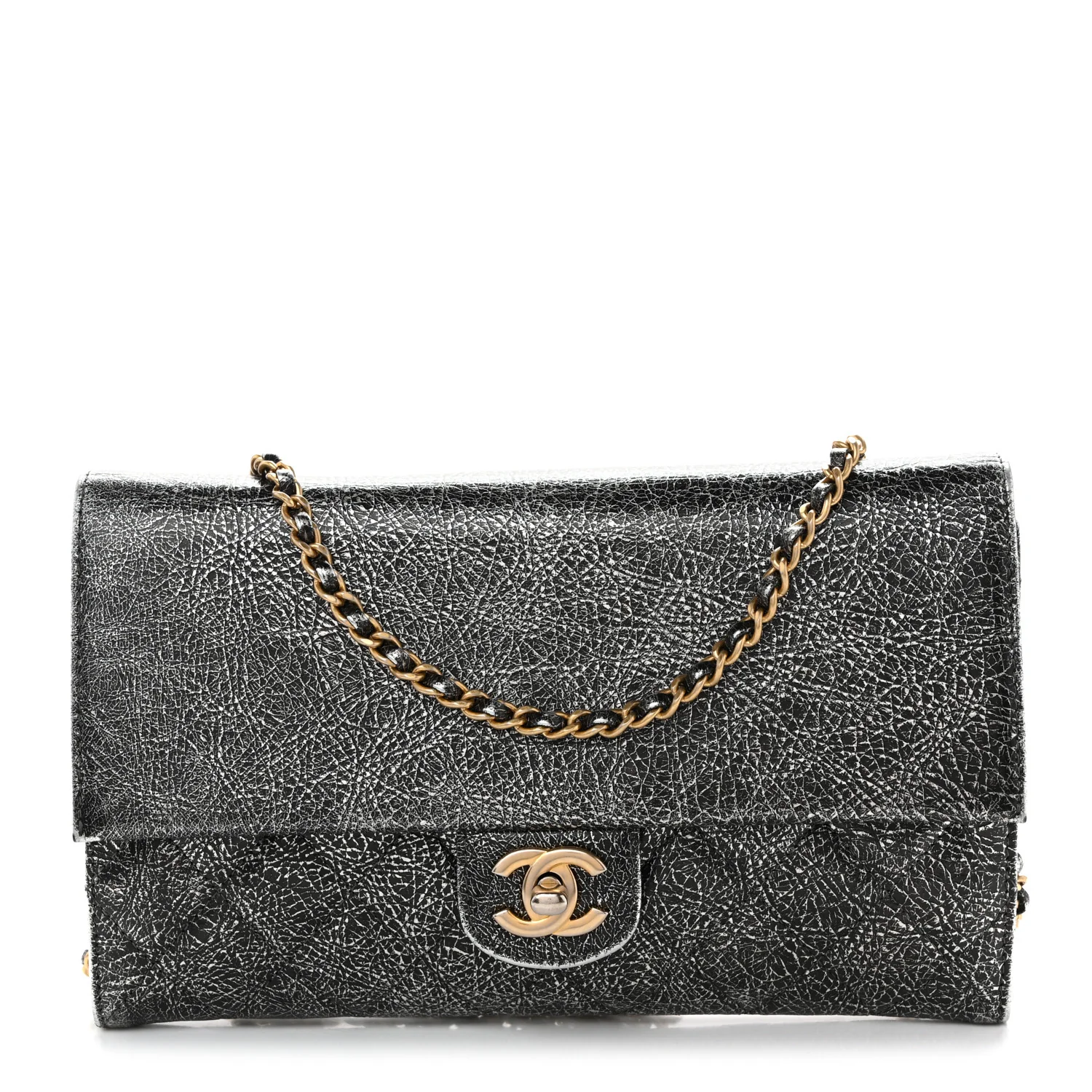 Cracked Metallic Calfskin Quilted Zip Away Chain Clutch Dark Silver