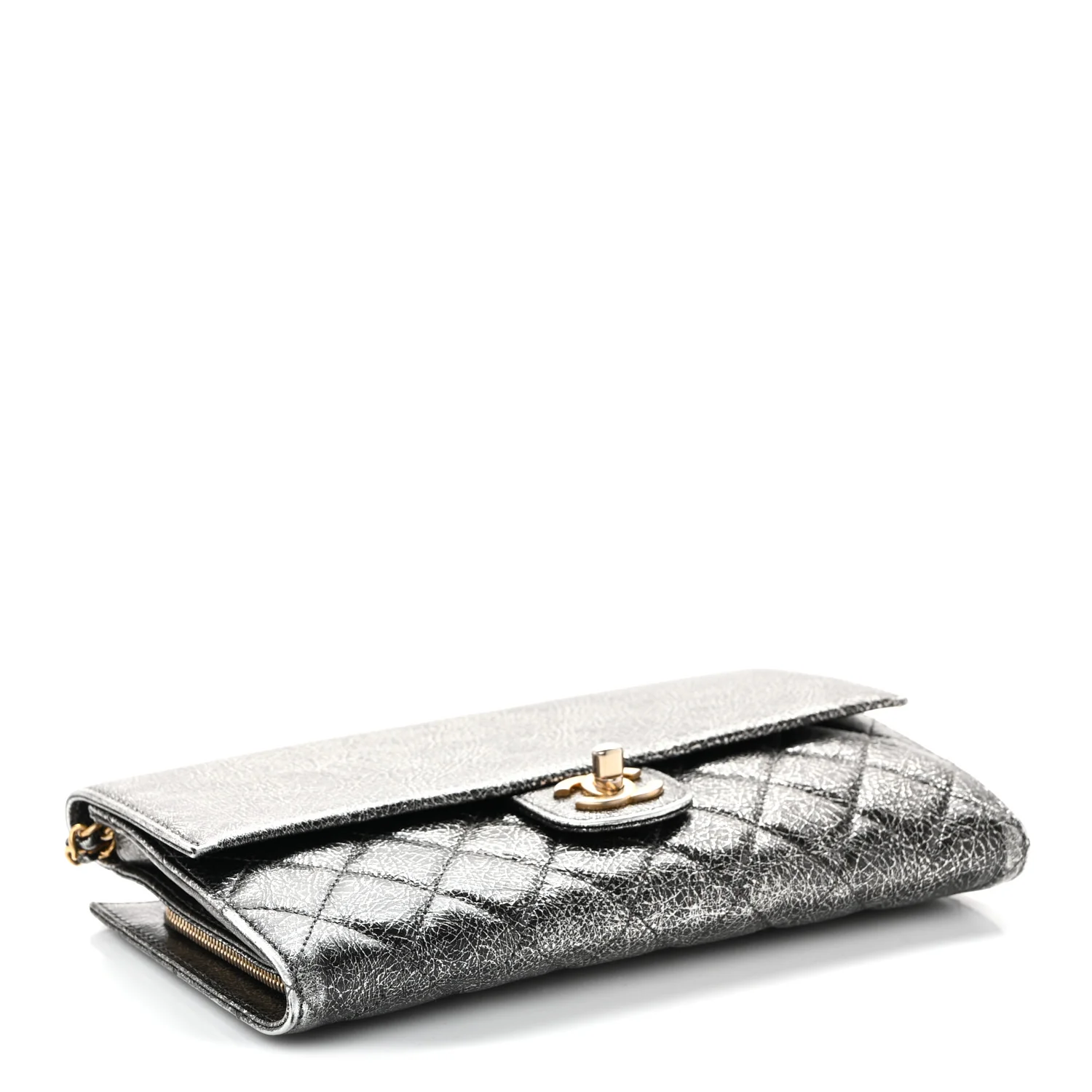 Cracked Metallic Calfskin Quilted Zip Away Chain Clutch Dark Silver - Image 4