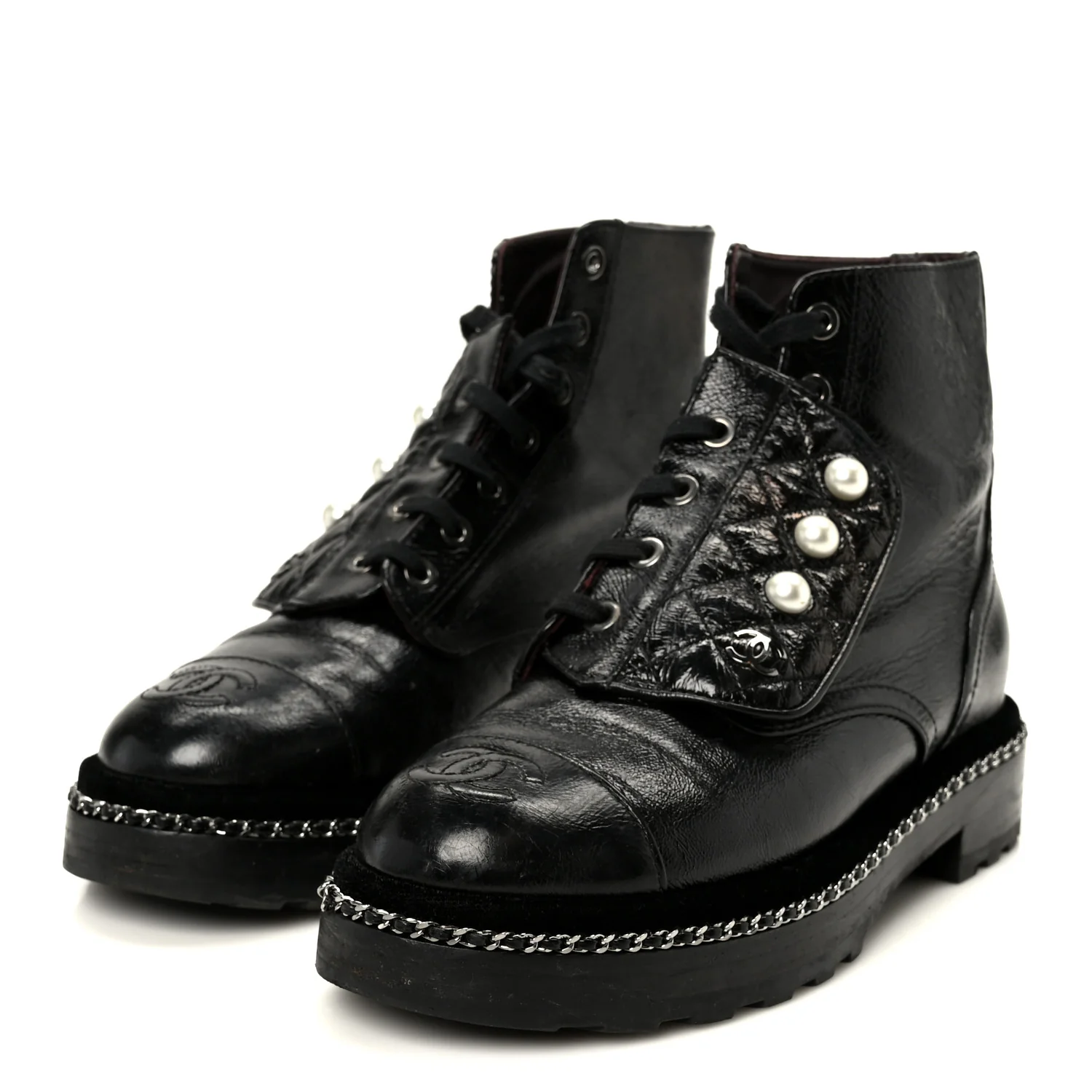 Crackled Calfskin Velvet Pearl Combat Short Boots 36 Black - Image 4