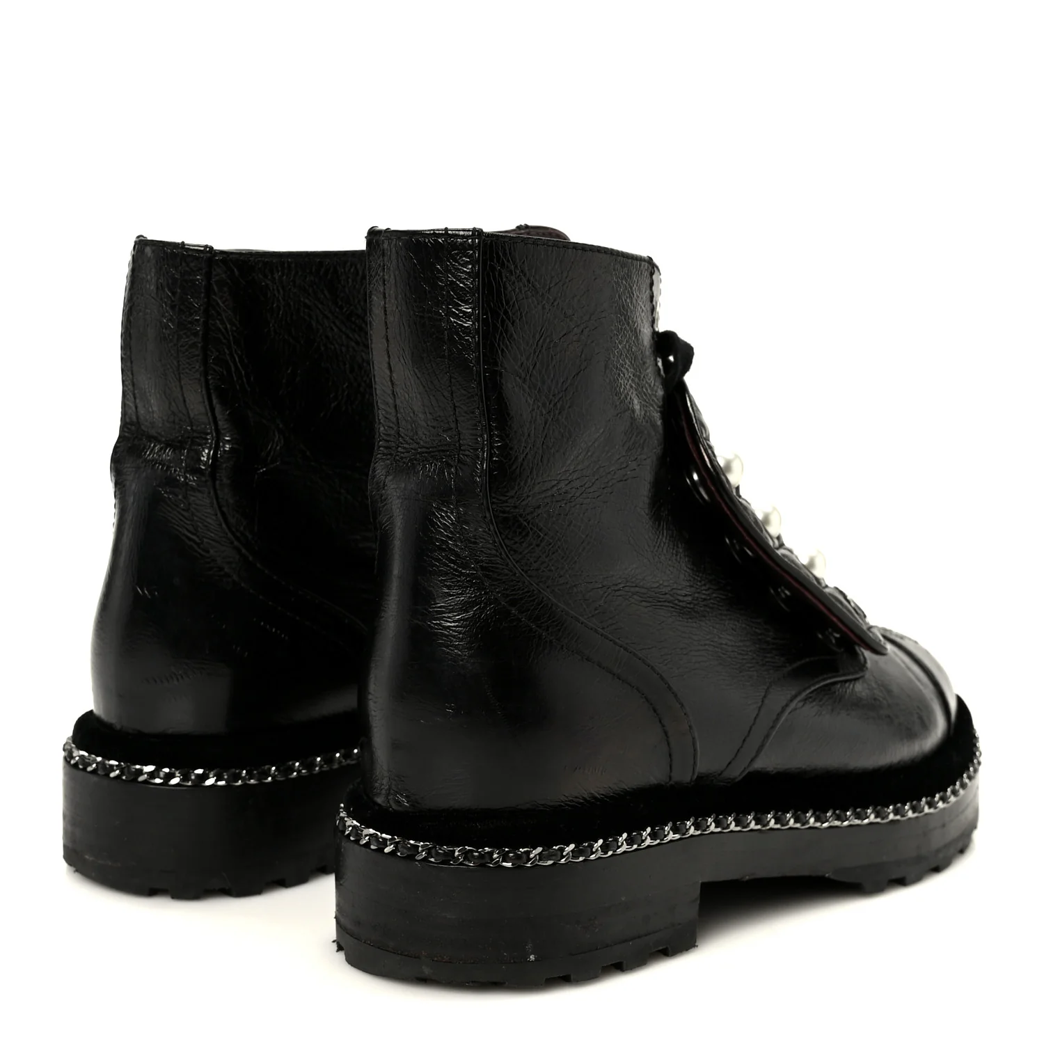 Crackled Calfskin Velvet Pearl Combat Short Boots 36 Black - Image 5