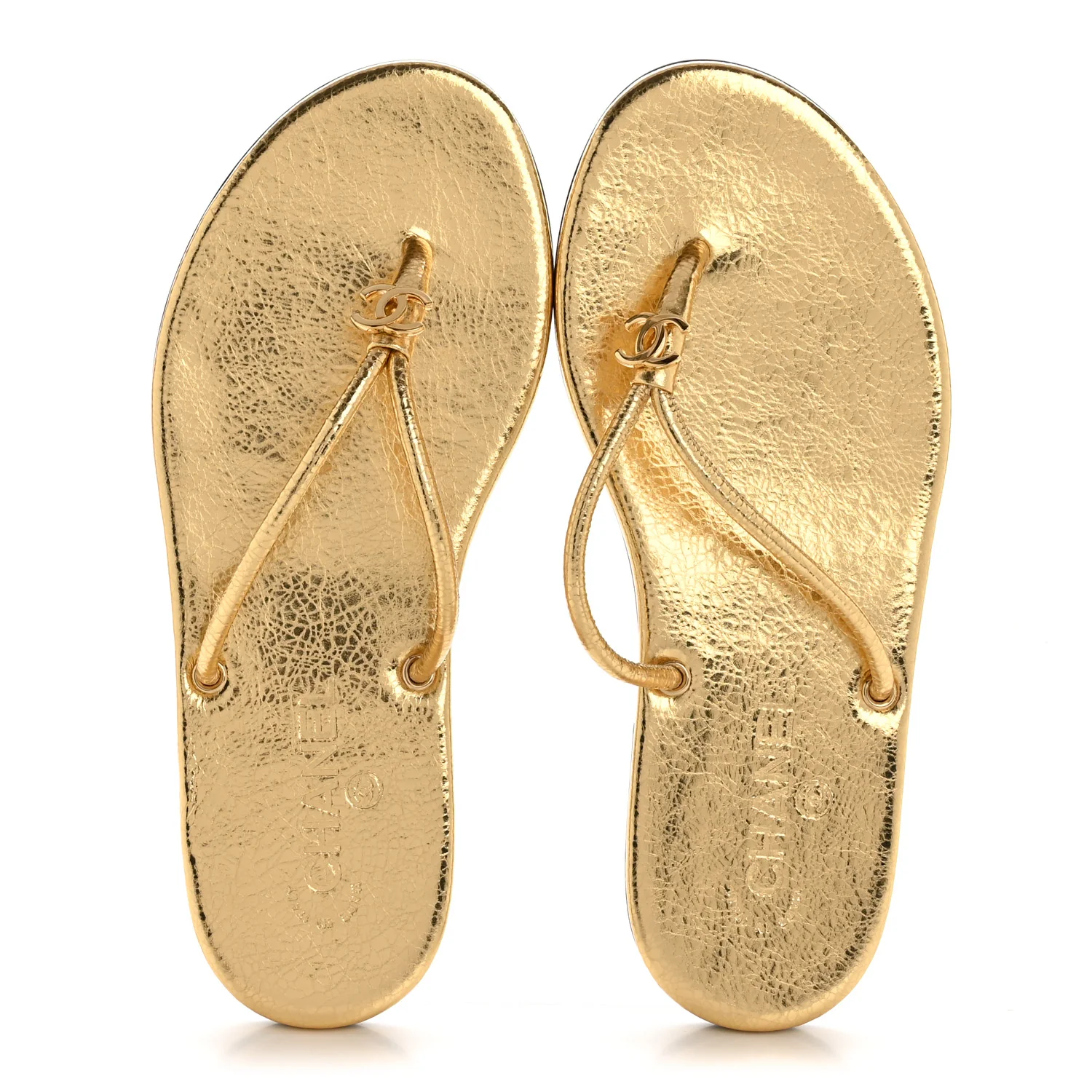 Crackled Laminated Calfskin Thong Flat Sandals 38.5 Gold - Image 2