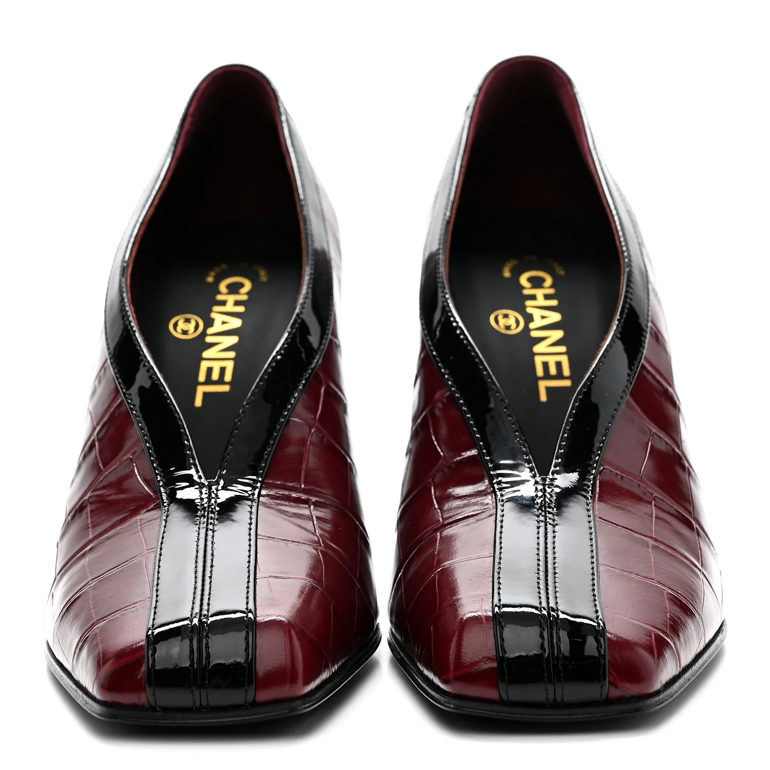 Crocodile Embossed Patent Calfskin Pumps 38.5 Burgundy Black - Image 3