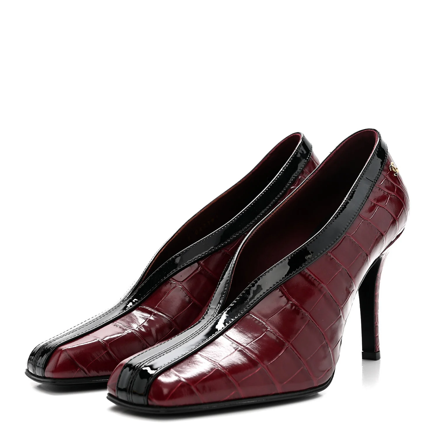 Crocodile Embossed Patent Calfskin Pumps 38.5 Burgundy Black - Image 4
