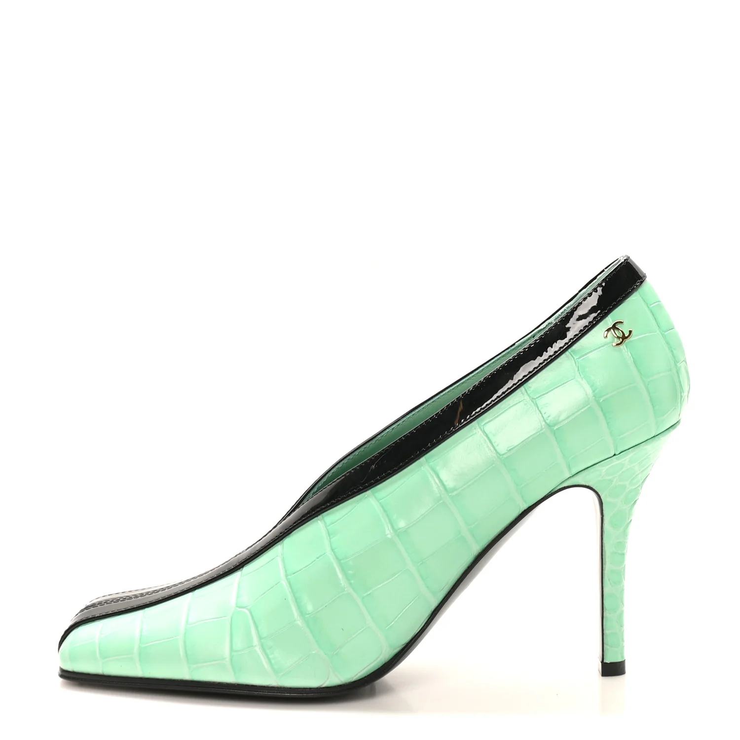 Crocodile Embossed Patent Calfskin Pumps 39.5 Green Black - Image 2