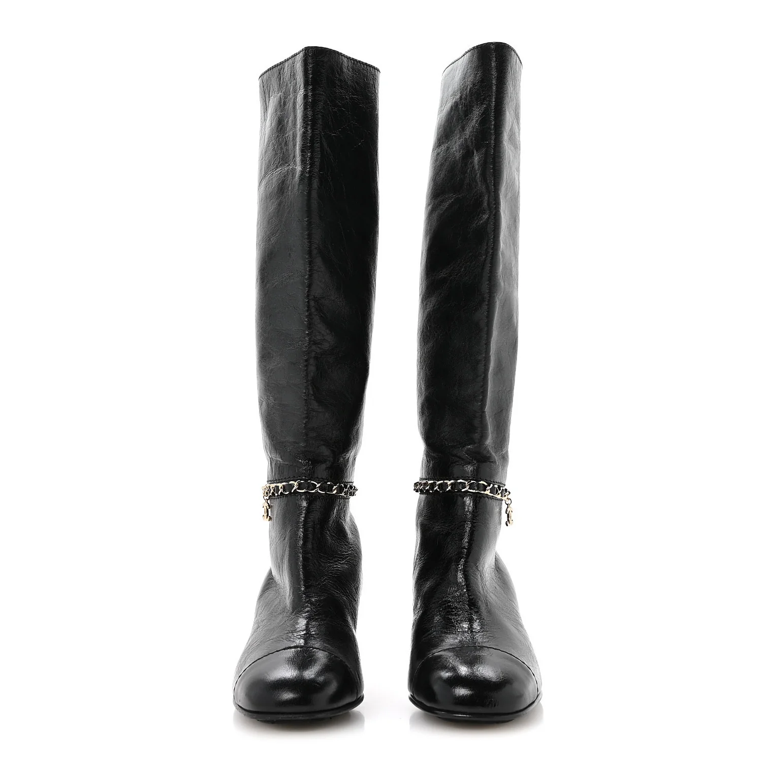 Crumpled Calfskin Cap Toe Chain Boots 36 Black - Image 3