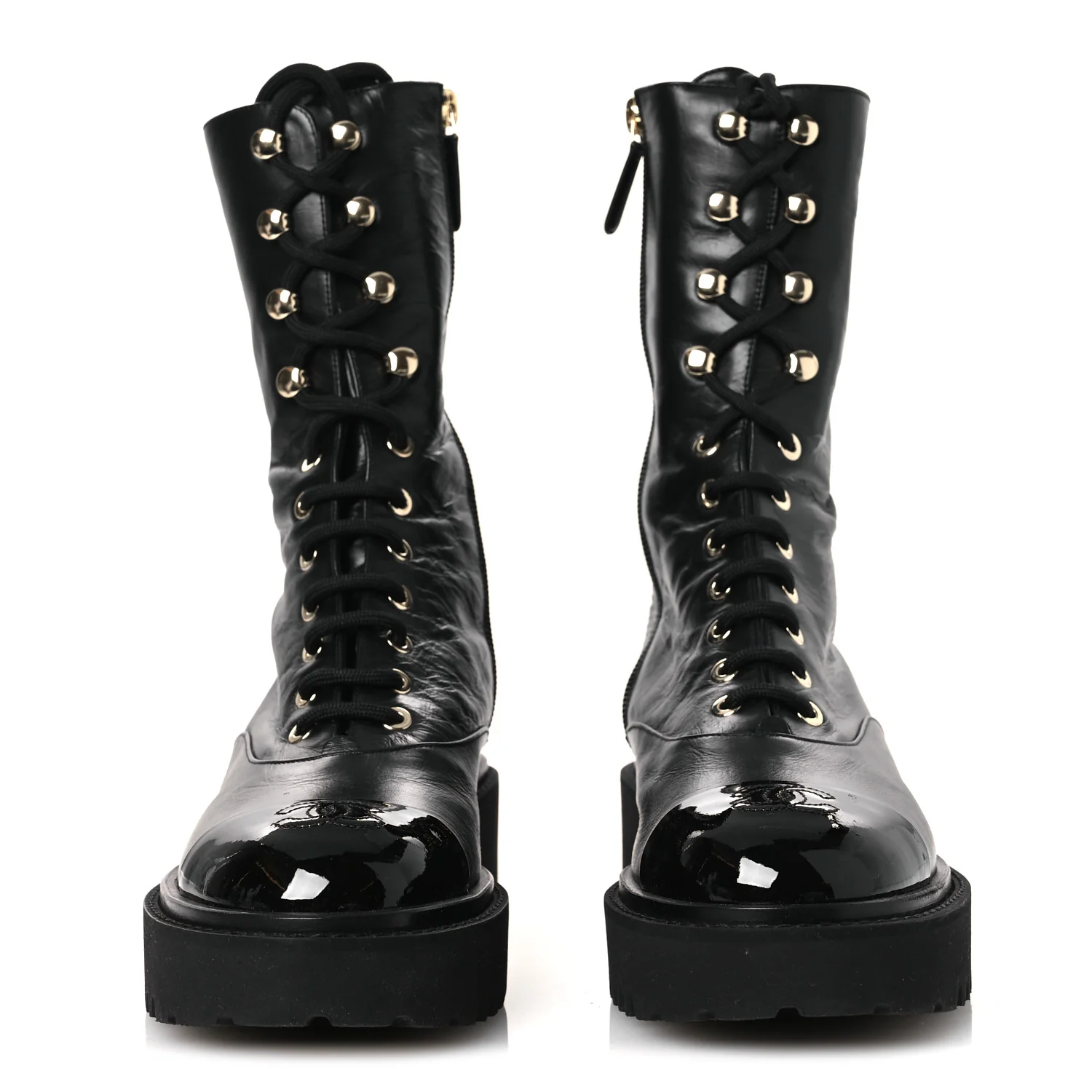 Crumpled Calfskin Patent Cap Toe Lace Up Combat Boots 39.5 Black - Image 3