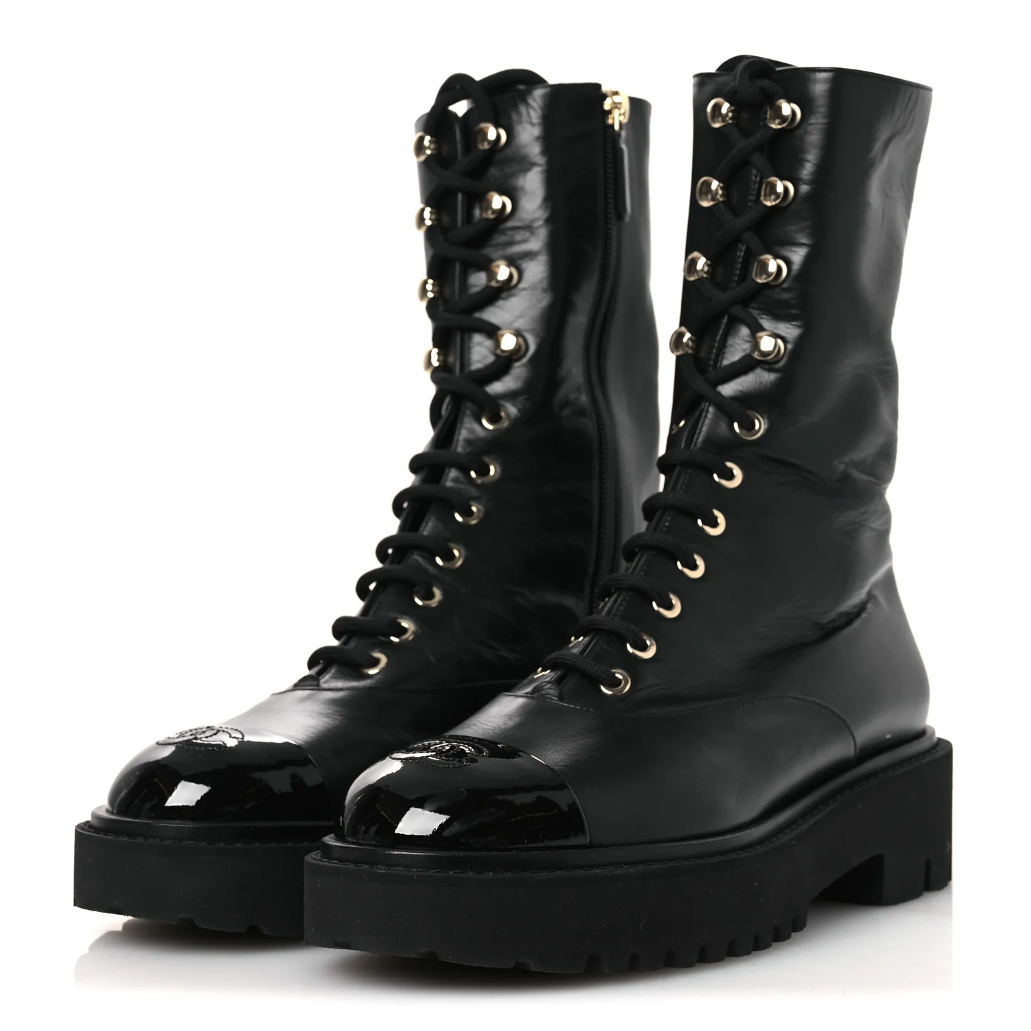 Crumpled Calfskin Patent Cap Toe Lace Up Combat Boots 39.5 Black - Image 4