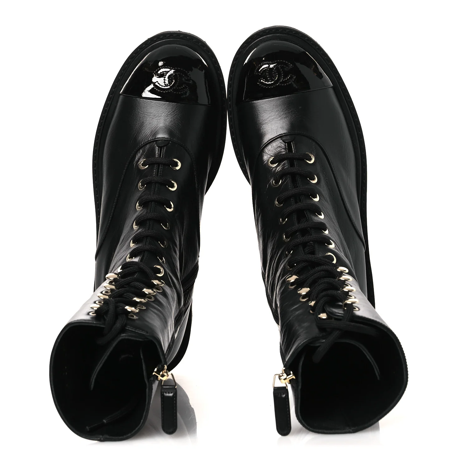 Crumpled Calfskin Patent Cap Toe Lace Up Combat Boots 39.5 Black - Image 8