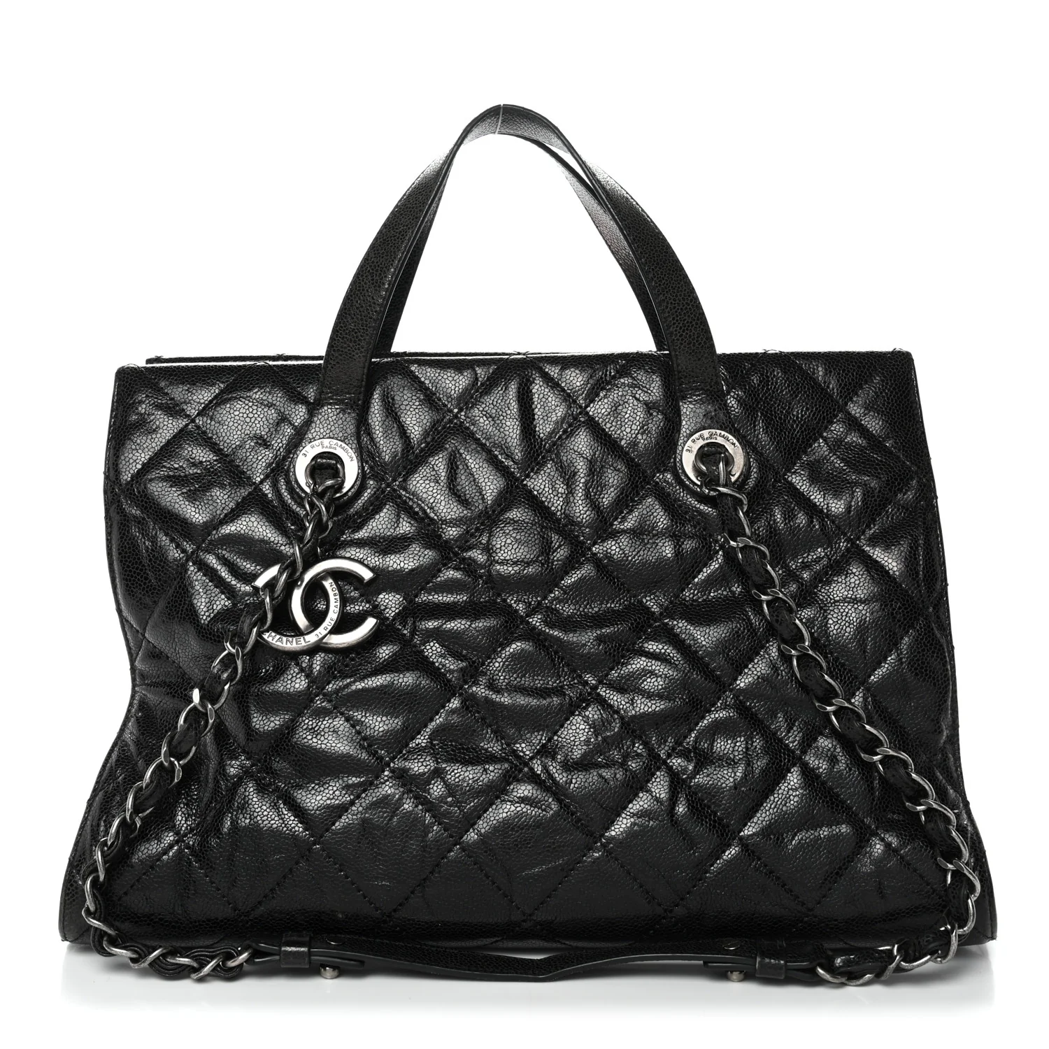 Crumpled Grained Calfskin Quilted CC Crave Tote Black