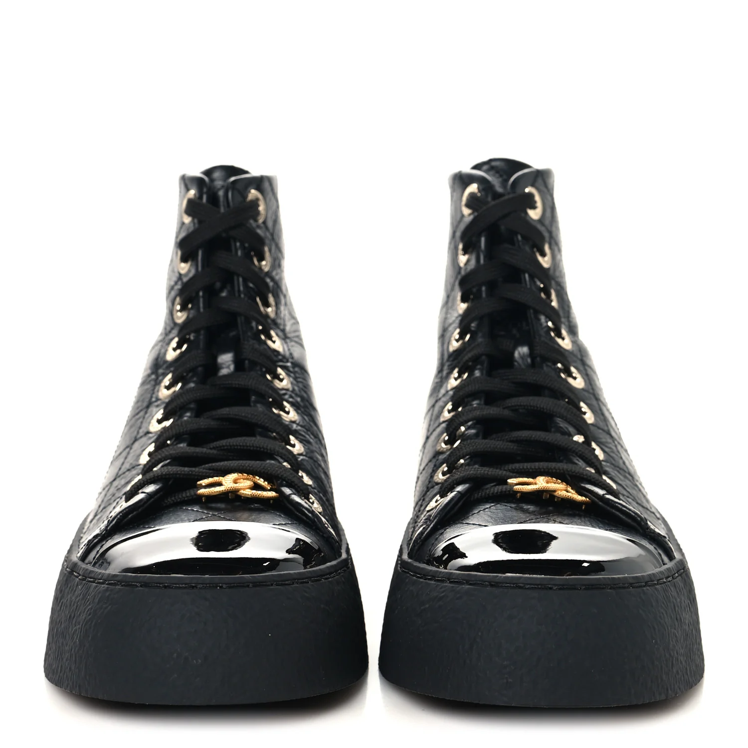 Crumpled Lambskin Patent Cap Toe CC Stitched High Top Sneakers 37.5 Black - Image 3