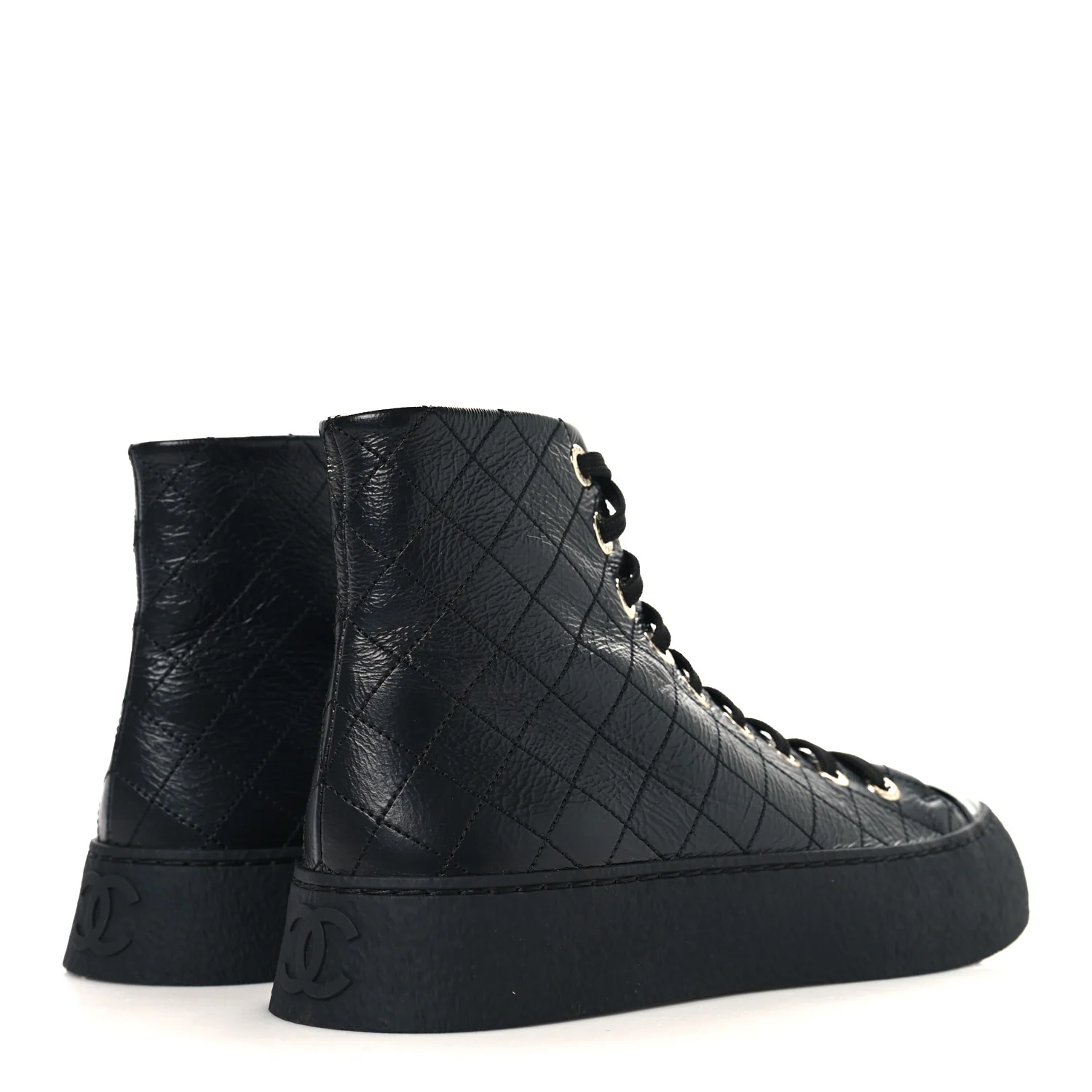 Crumpled Lambskin Patent Cap Toe CC Stitched High Top Sneakers 37.5 Black - Image 5