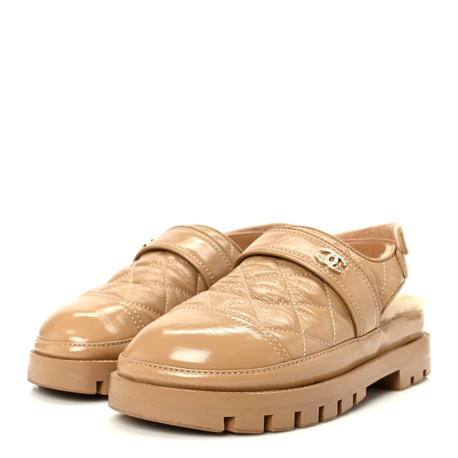 Crumpled Shiny Lambskin Shearling Quilted CC Slingback Mule Sandals 37 Dark Beige - Image 4