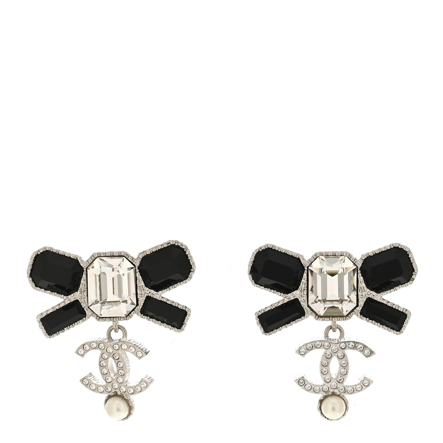 Crystal CC Bow Drop Earrings Silver Black