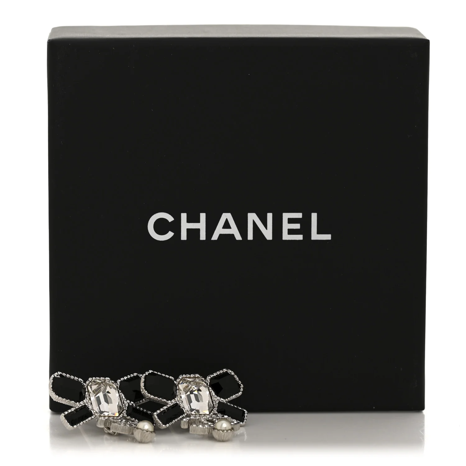 Crystal CC Bow Drop Earrings Silver Black - Image 5