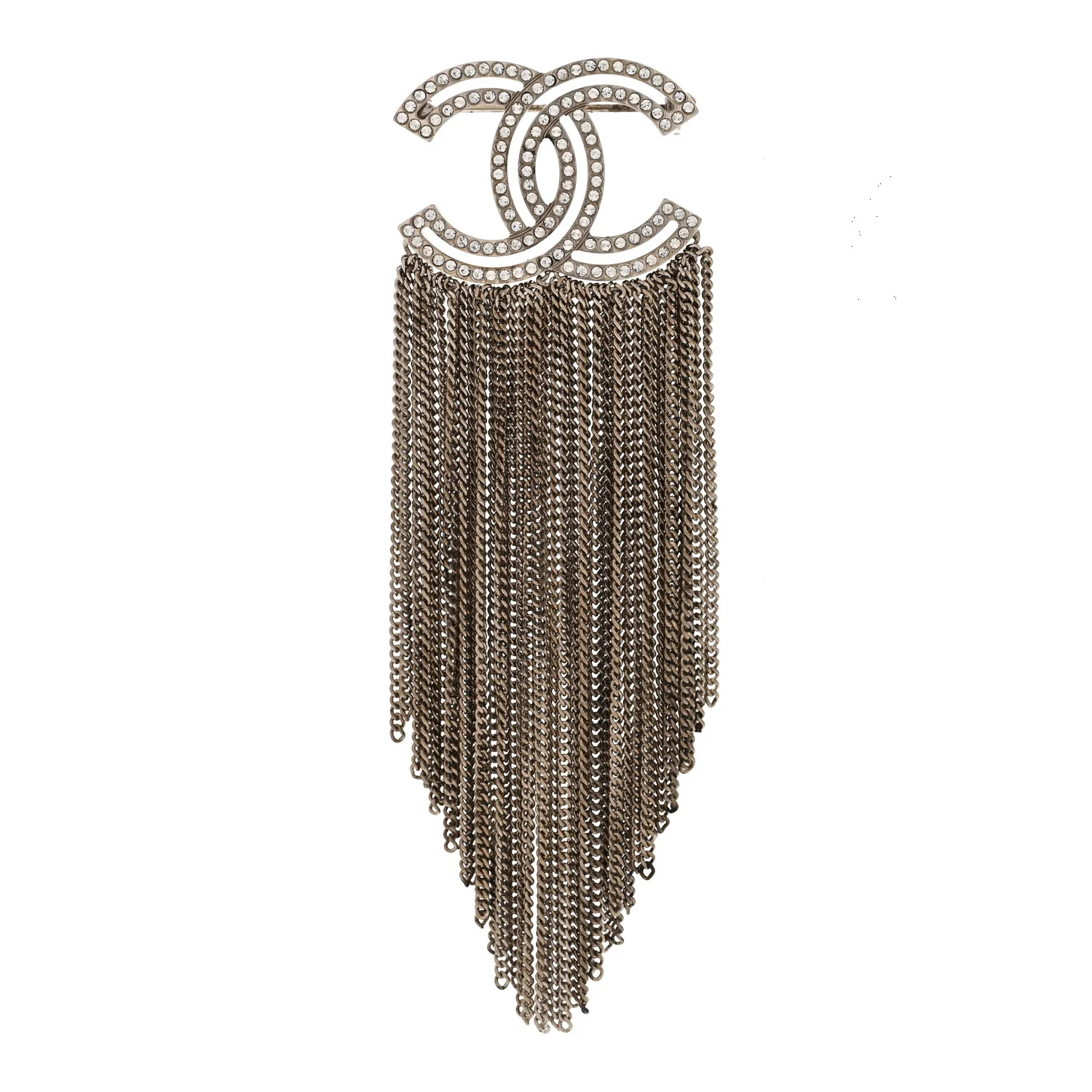 Crystal Chain Fringe CC Brooch Silver