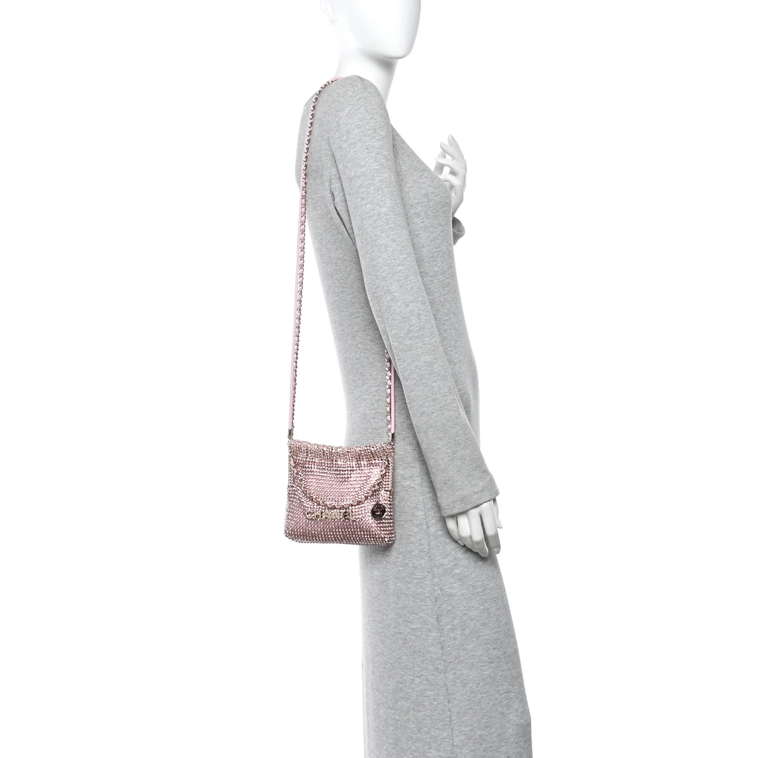 Crystal Embellished Metallic Lambskin Mini Chanel 22 Light Pink - Image 3