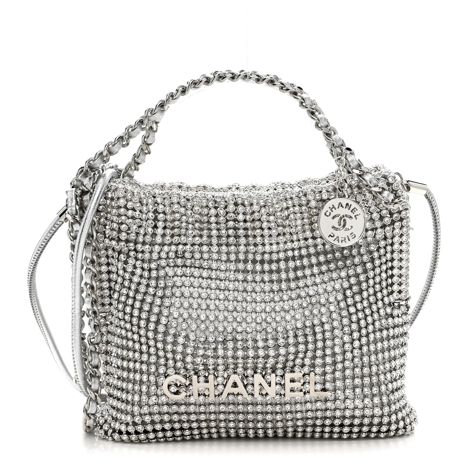 Crystal Embellished Metallic Lambskin Mini Chanel 22 Silver