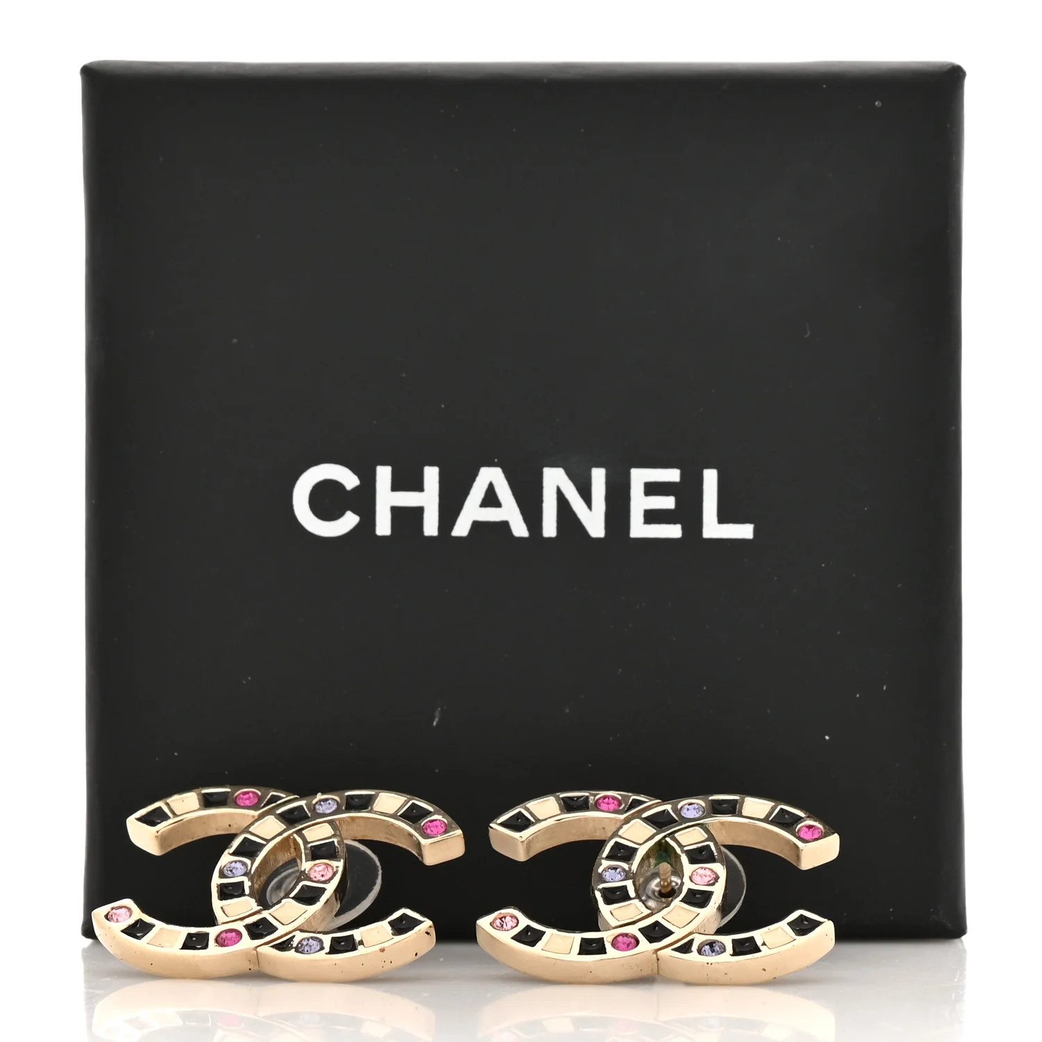 Crystal Enamel Large CC Earrings Gold Black White Pink - Image 5