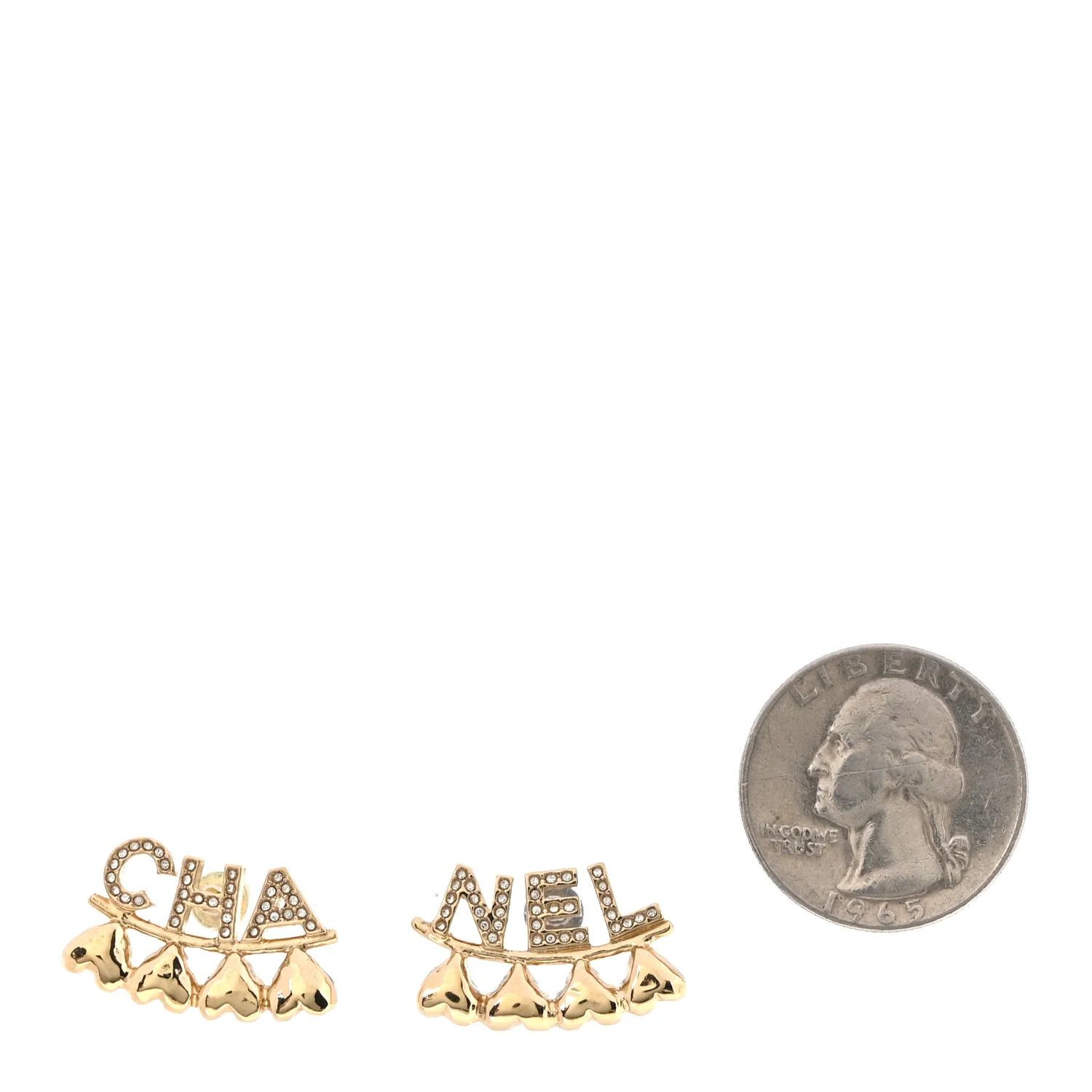 Crystal Heart Cha-Nel Logo Earrings Gold - Image 2