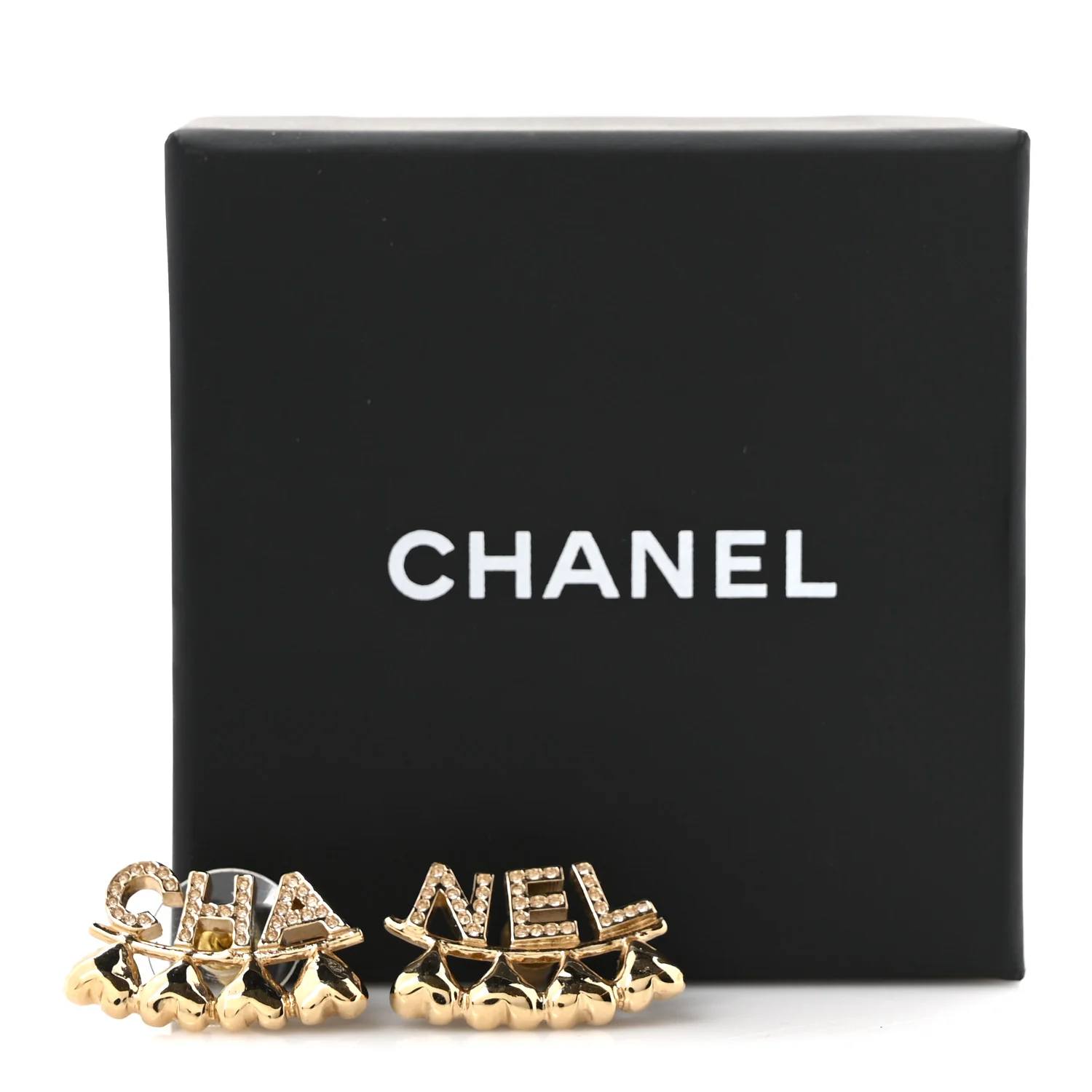 Crystal Heart Cha-Nel Logo Earrings Gold - Image 5