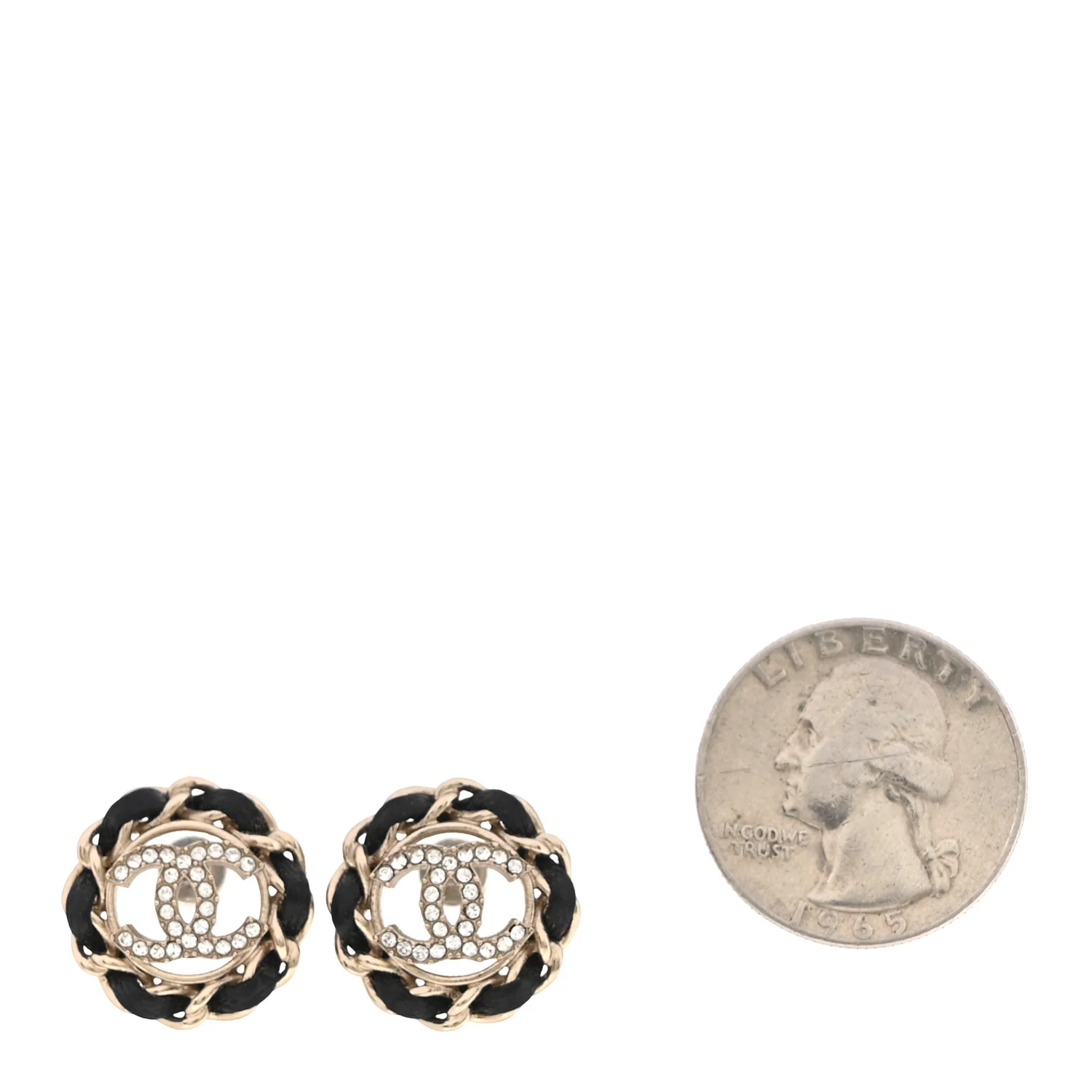 Crystal Lambskin Chain CC Stud Earrings Black Gold - Image 2