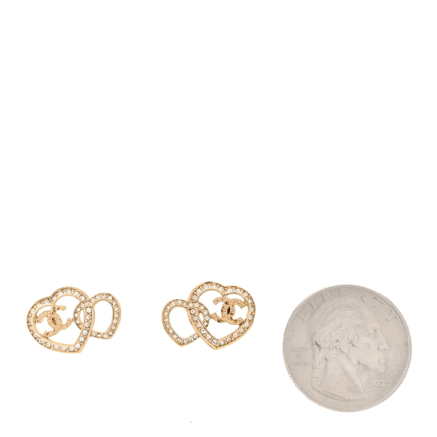 Crystal Metal CC Double Heart Earrings Gold - Image 2