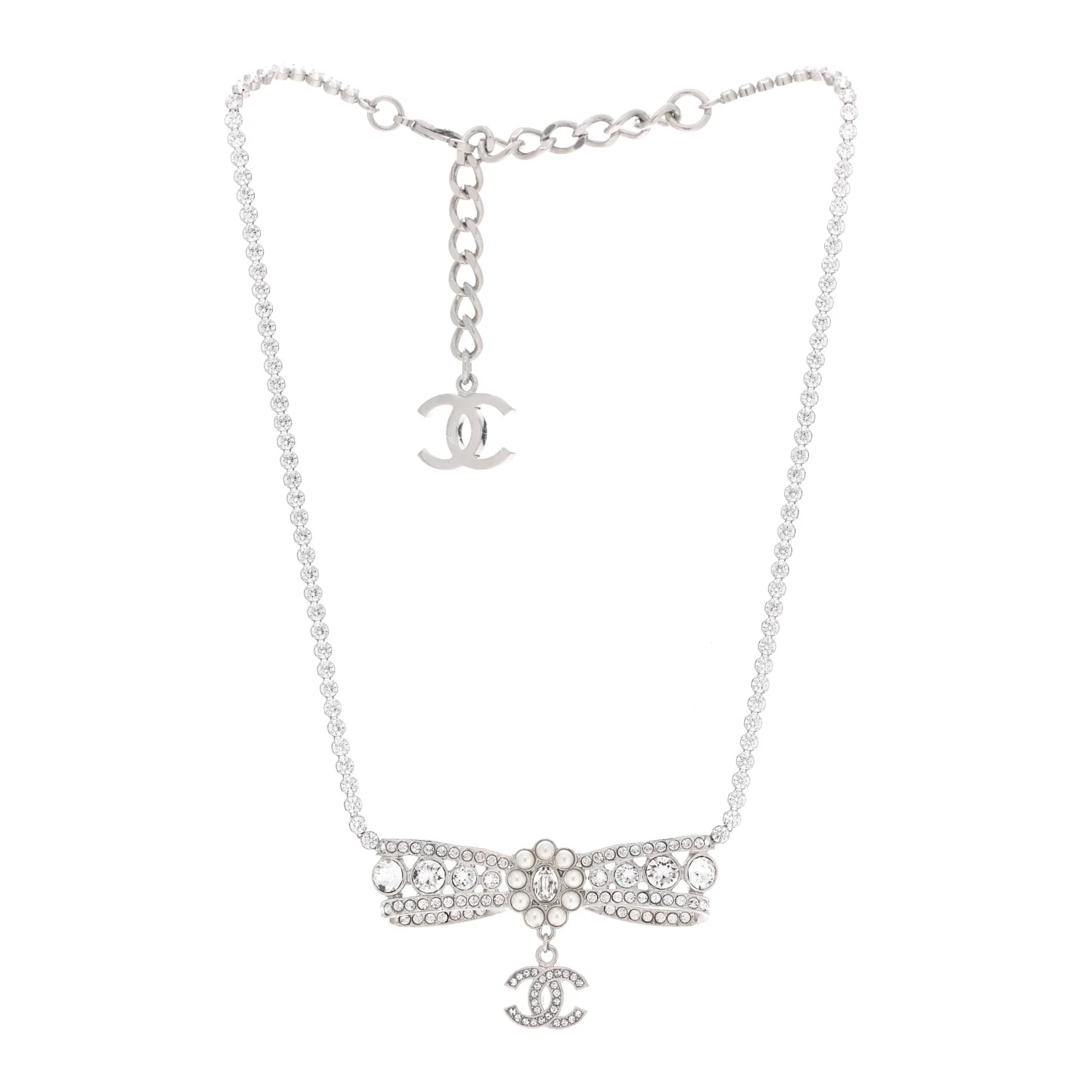 Crystal Pearl CC Bow Drop Necklace Silver - Image 3