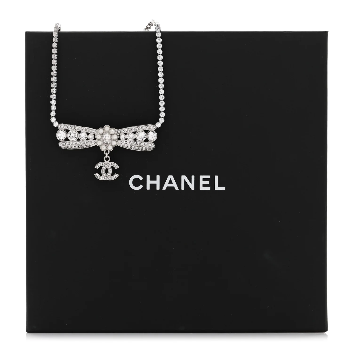Crystal Pearl CC Bow Drop Necklace Silver - Image 6