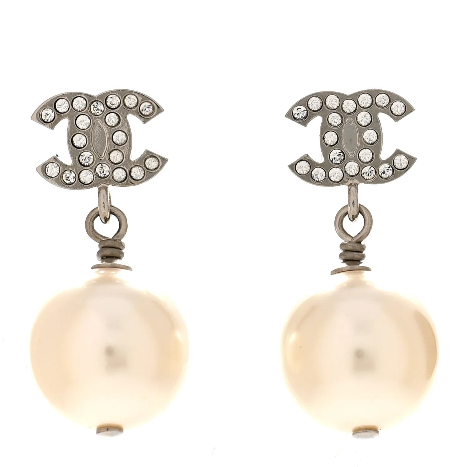 Crystal Pearl CC Drop Earrings Silver