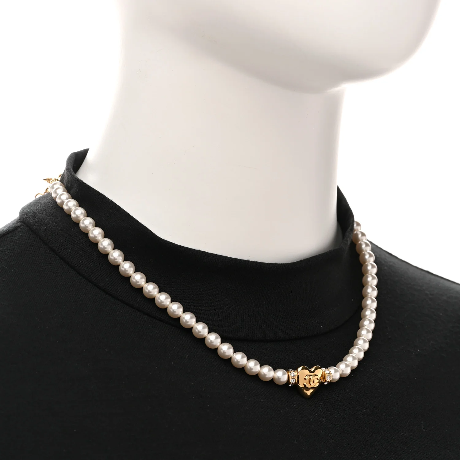 Crystal Pearl CC Heart Choker Necklace Gold - Image 2
