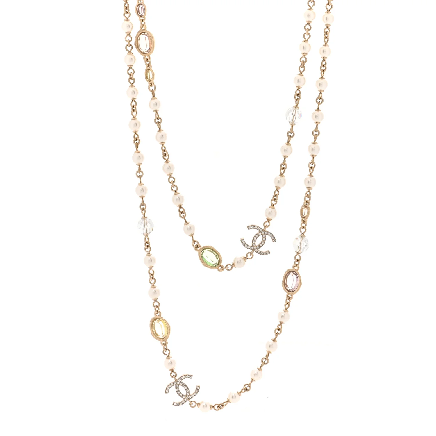 Crystal Pearl CC Long Necklace Gold Pearly White Multicolor