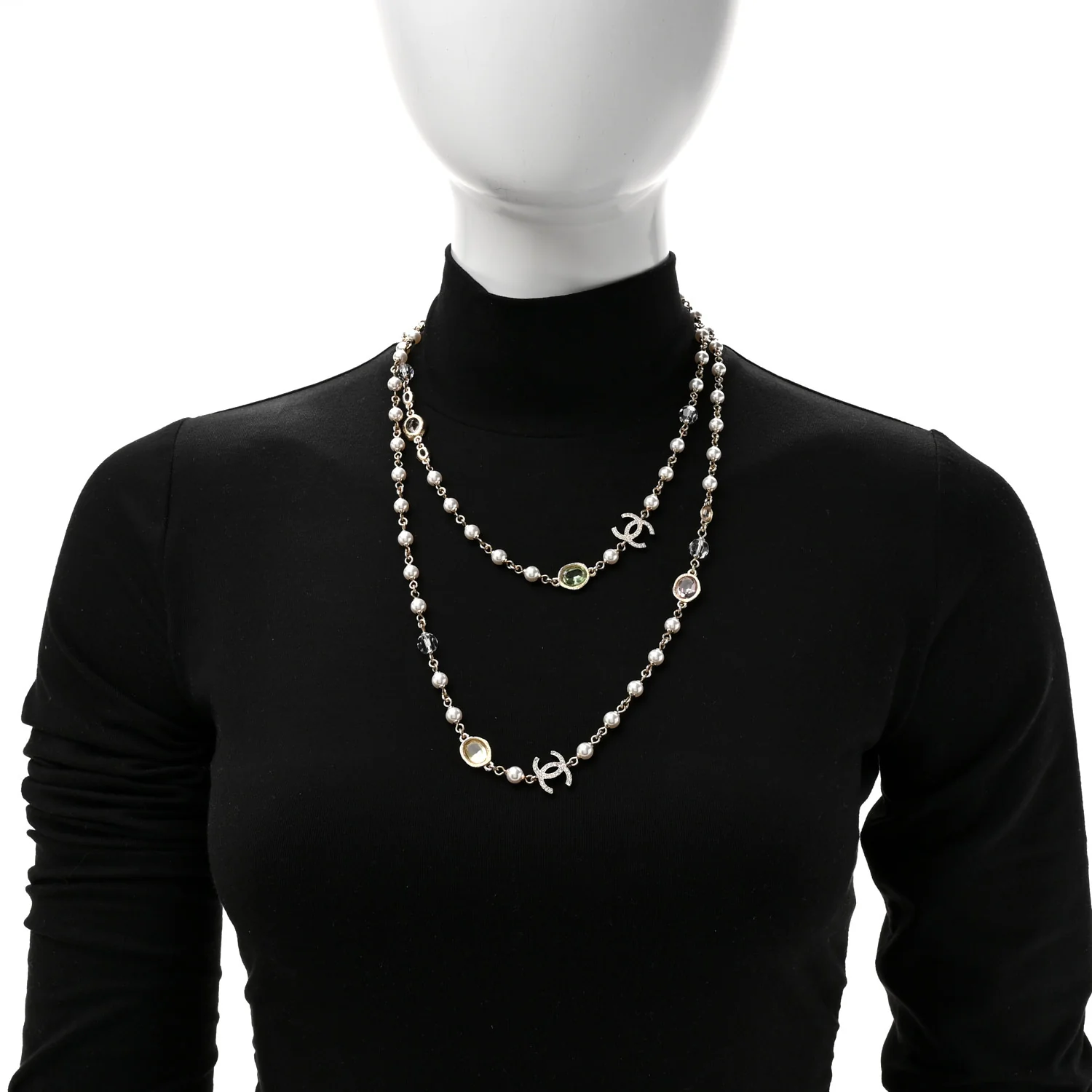 Crystal Pearl CC Long Necklace Gold Pearly White Multicolor - Image 2