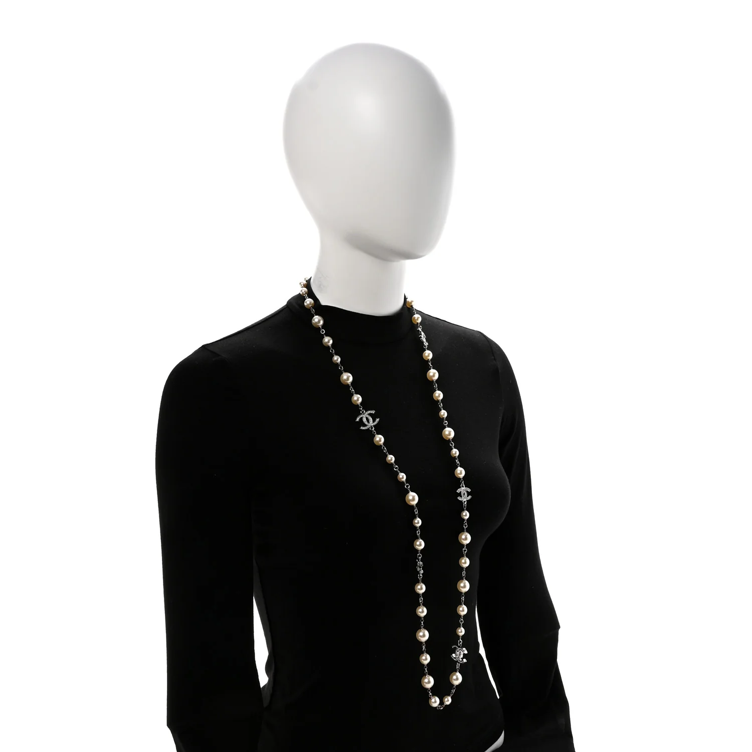 Crystal Pearl CC Long Necklace Silver - Image 2