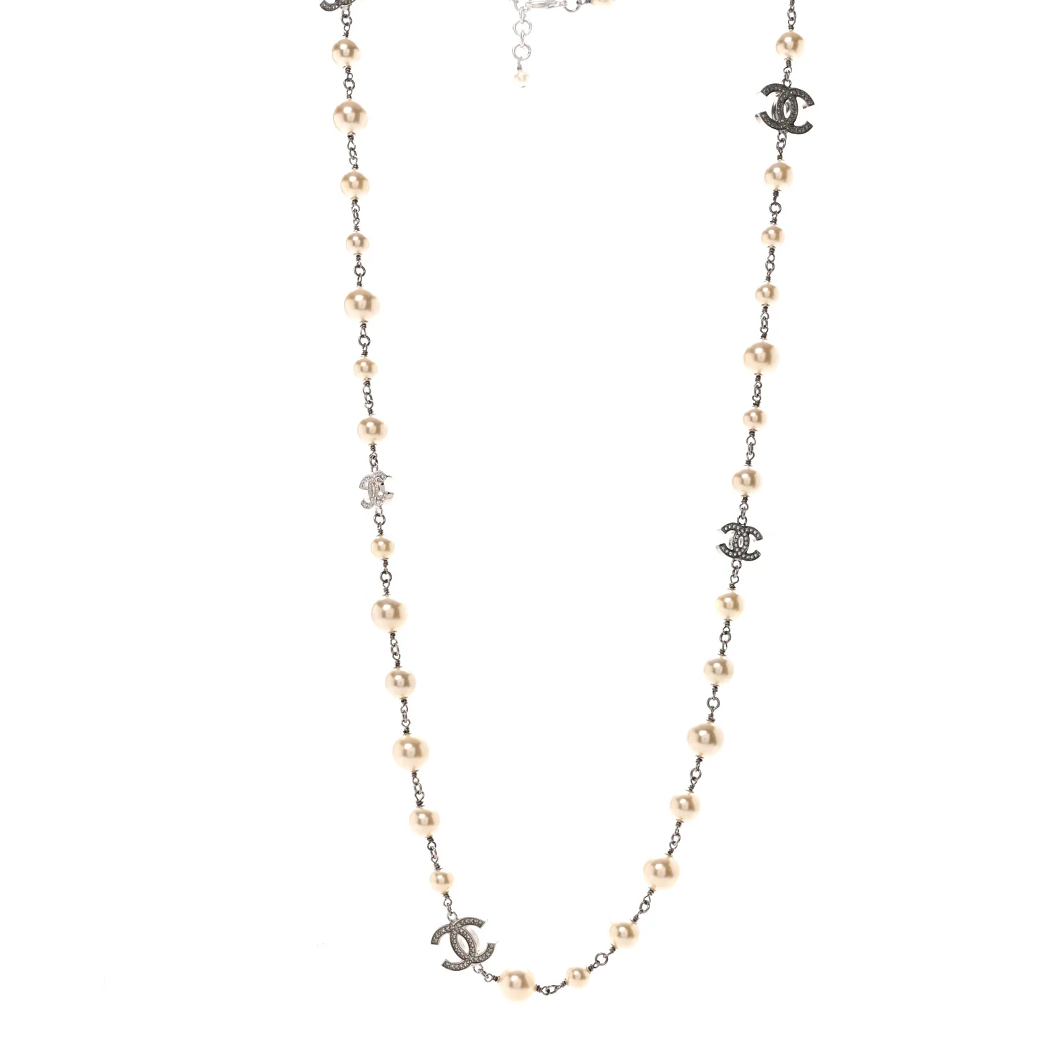 Crystal Pearl CC Long Necklace Silver
