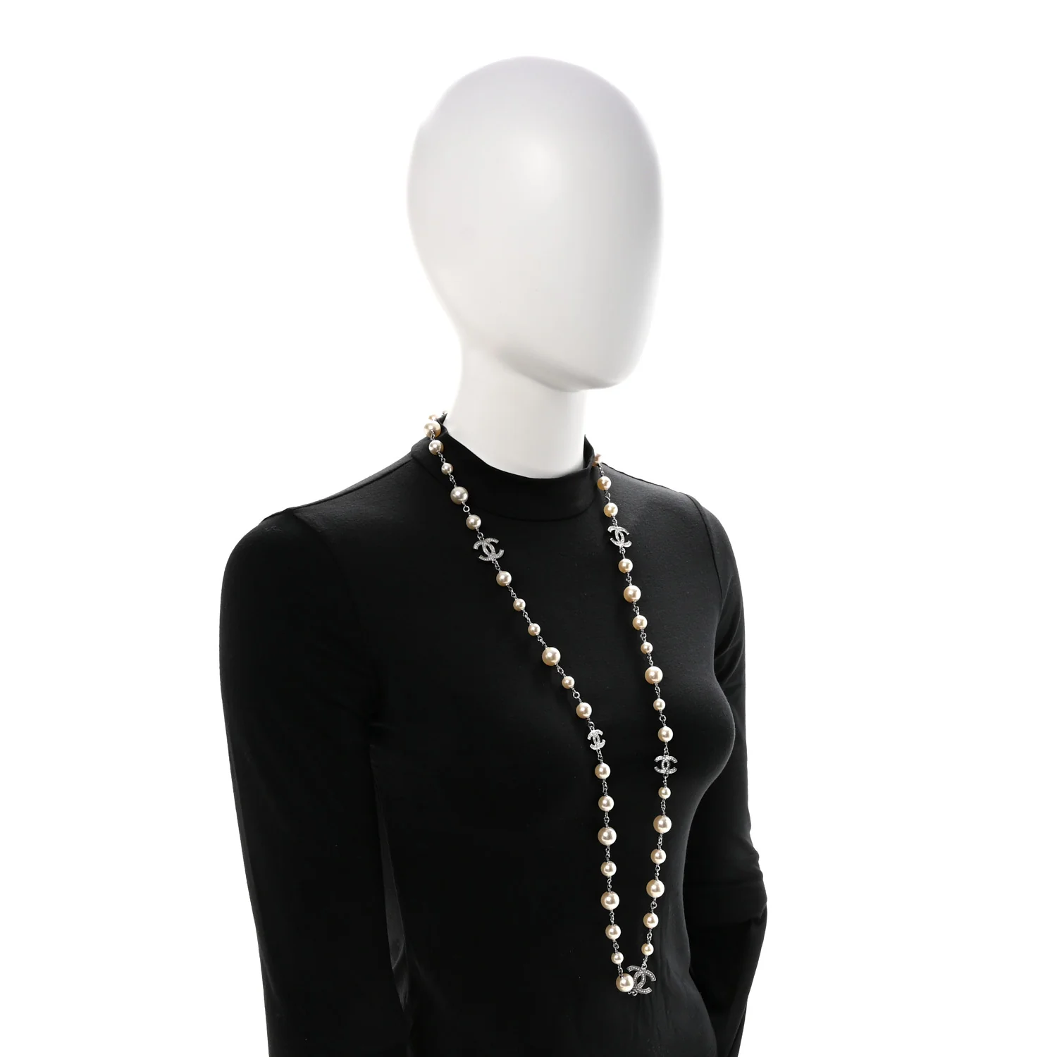 Crystal Pearl CC Long Necklace Silver - Image 2