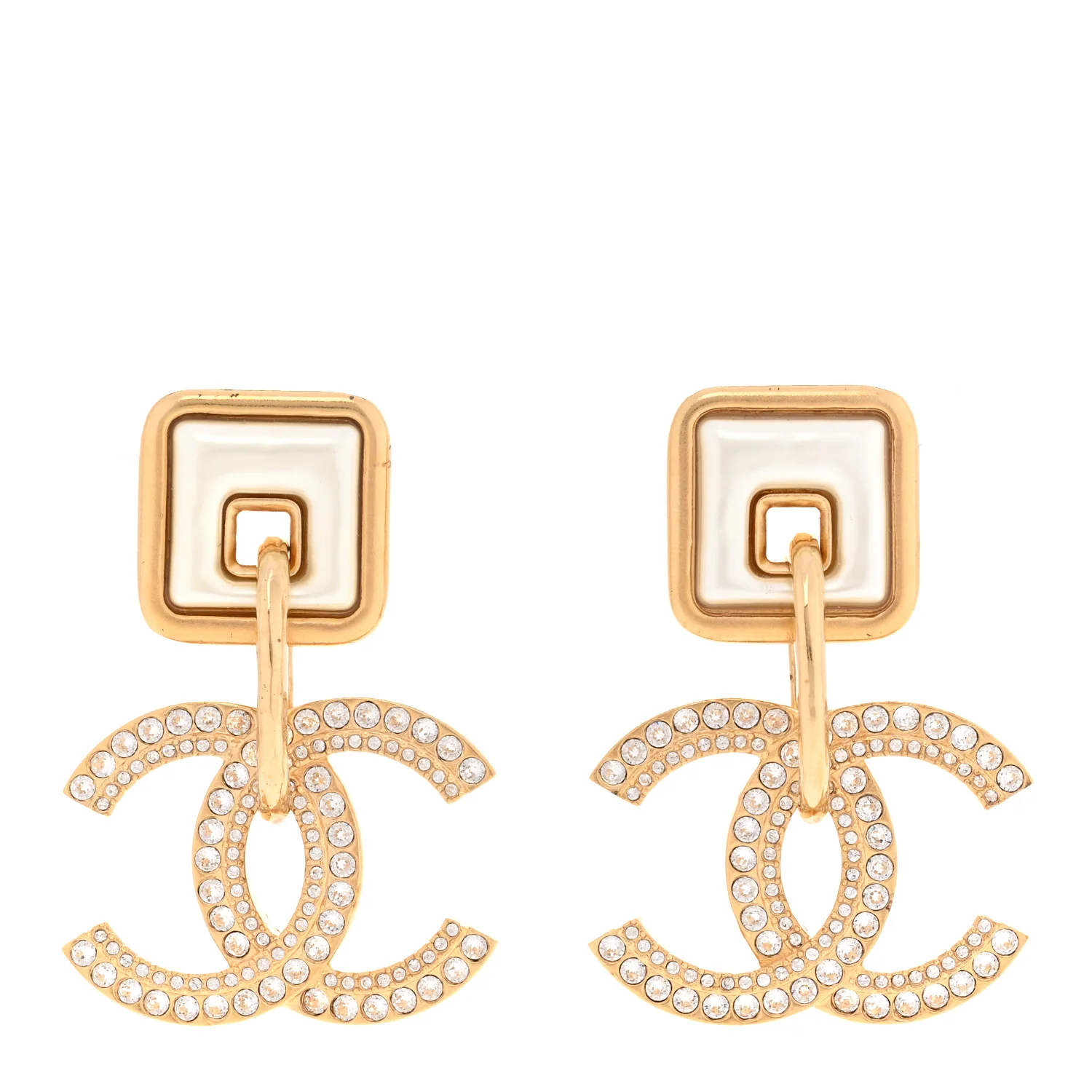 Crystal Pearl CC Square Drop Earrings Gold Pearly White